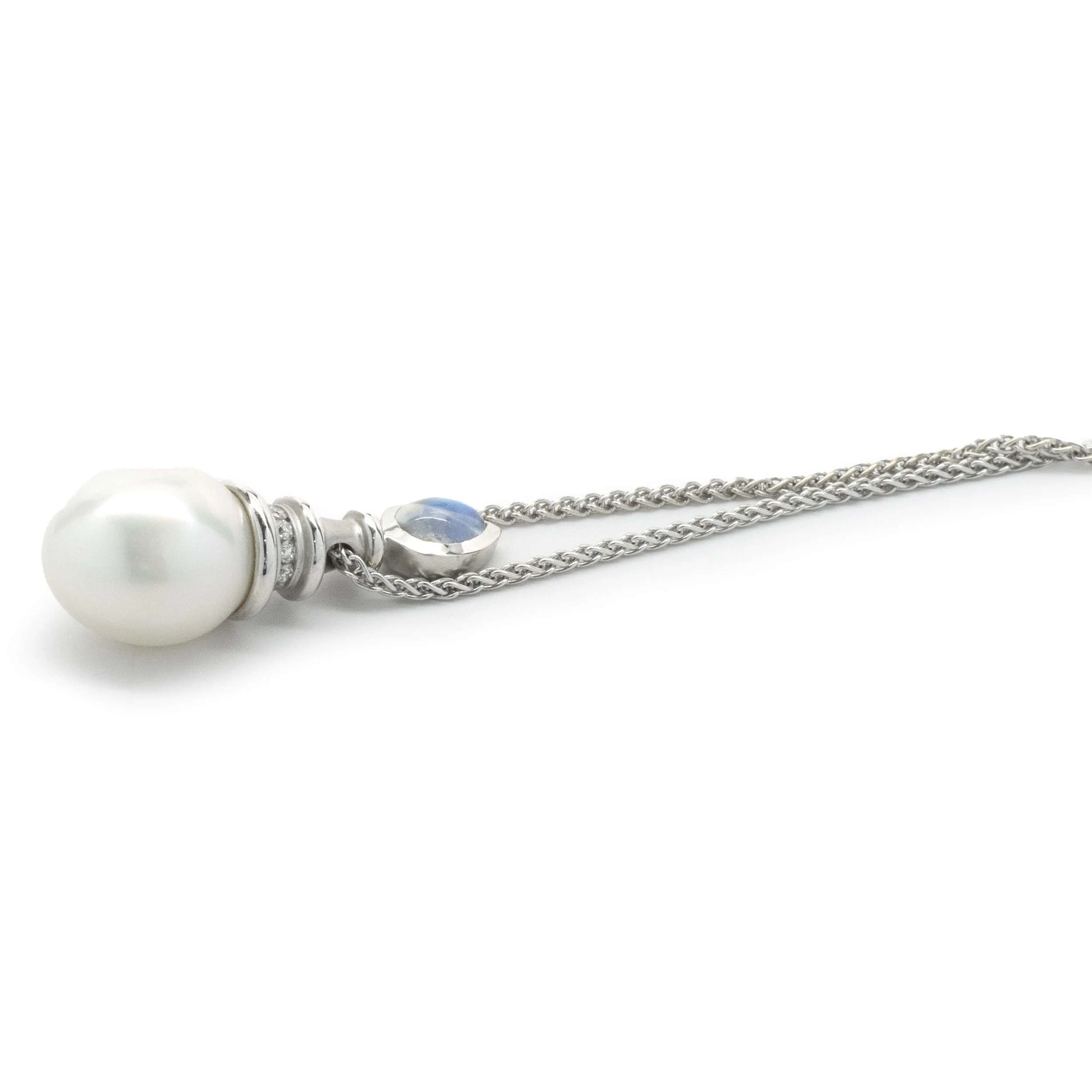 18 Karat White Gold South Sea Pearl, Diamond and Moonstone Drop Necklace - Image 4
