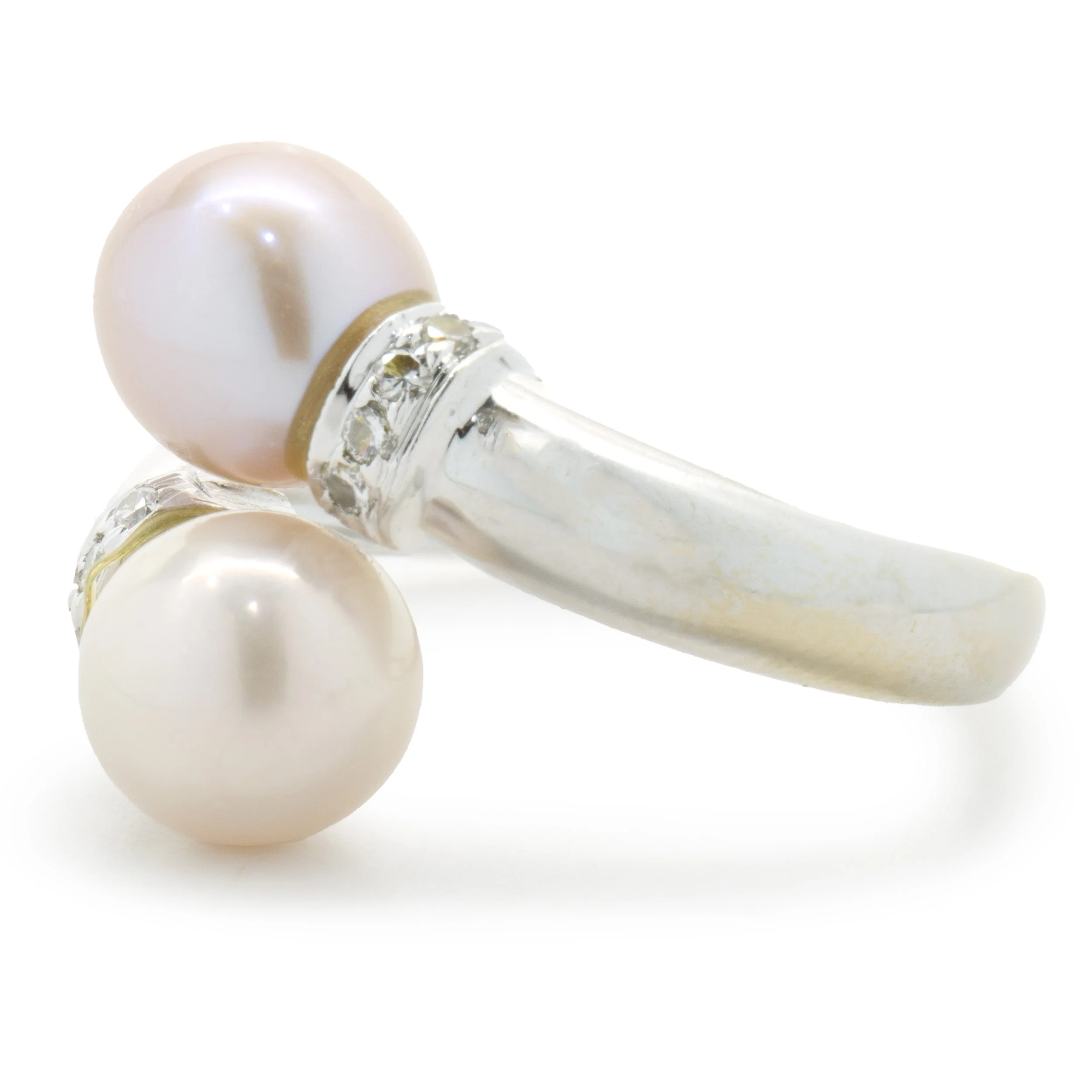 18 Karat White Gold White and Pink Pearl and Diamond Bypass Ring - Image 2