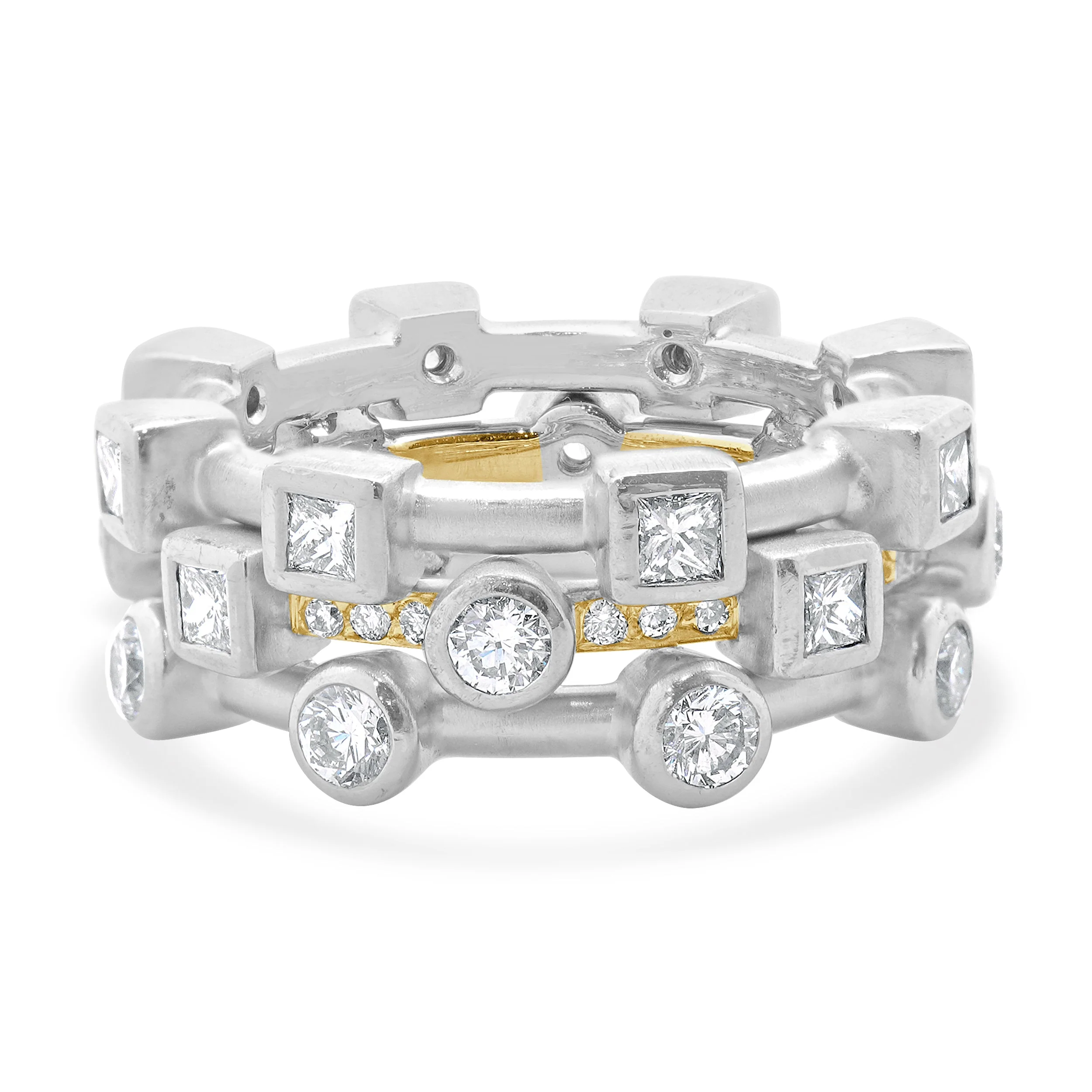 18 Karat White & Rose Gold Three Row Bezel Set Diamond Geometric Ring