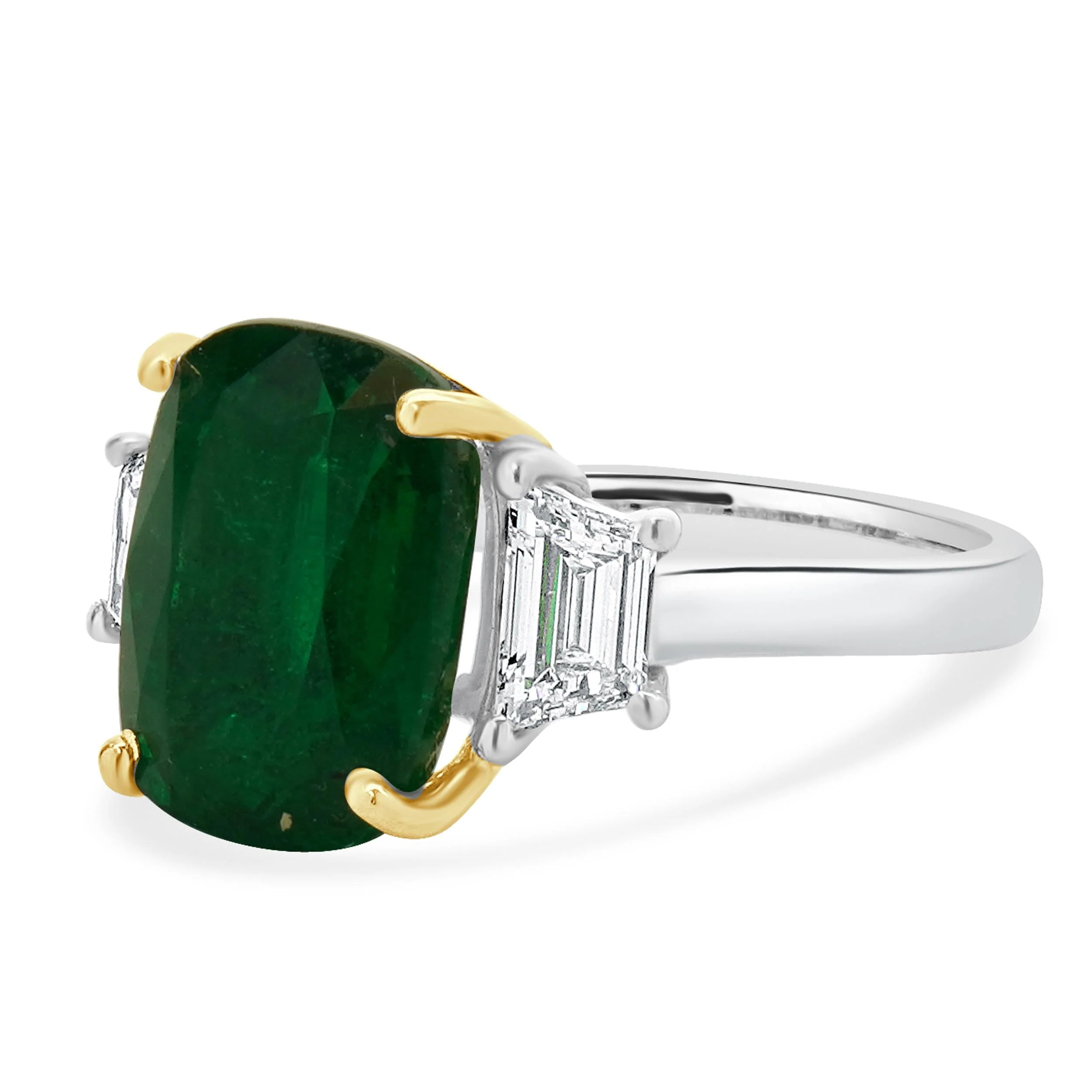 18 Karat White & Yellow Gold Emerald and Diamond Three Stone Ring - Image 2