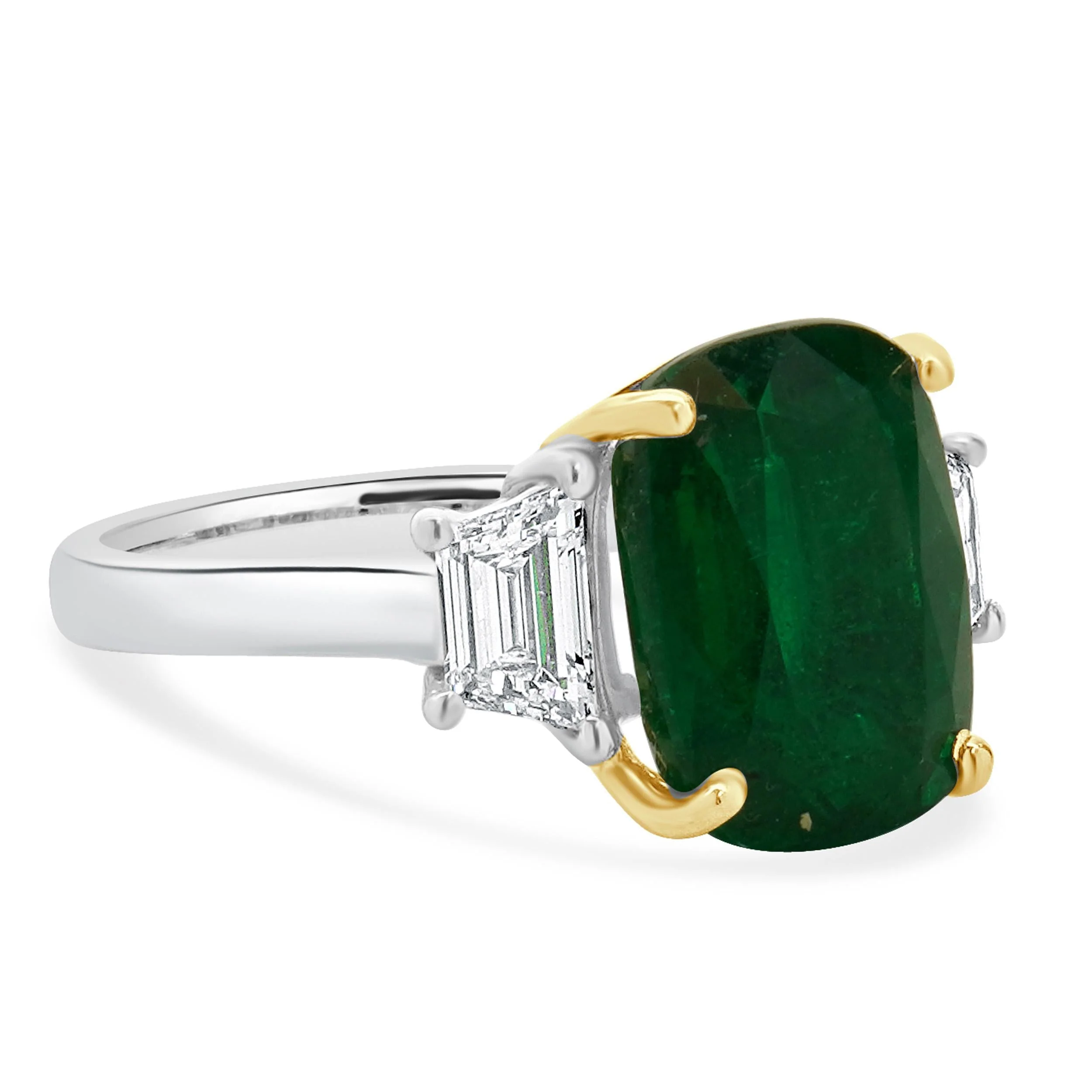 18 Karat White & Yellow Gold Emerald and Diamond Three Stone Ring - Image 3