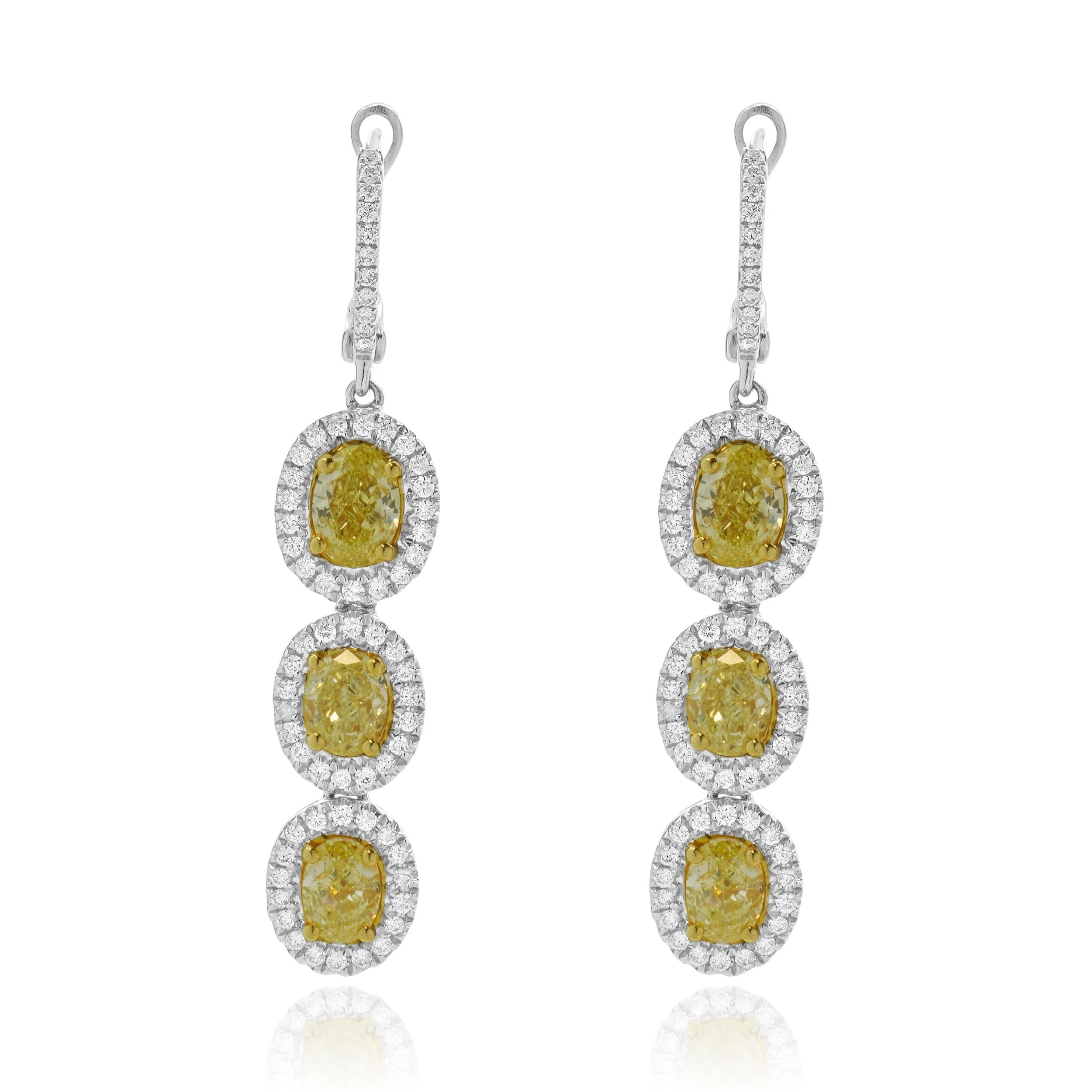 18 Karat White & Yellow Gold Three Diamond Fancy Yellow Drop Earrings