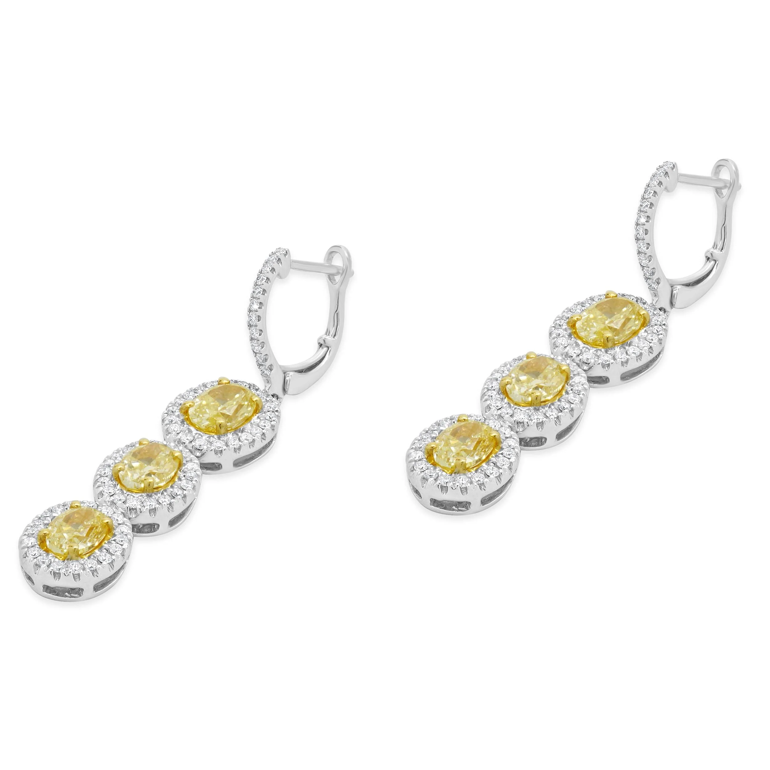 18 Karat White & Yellow Gold Three Diamond Fancy Yellow Drop Earrings - Image 2