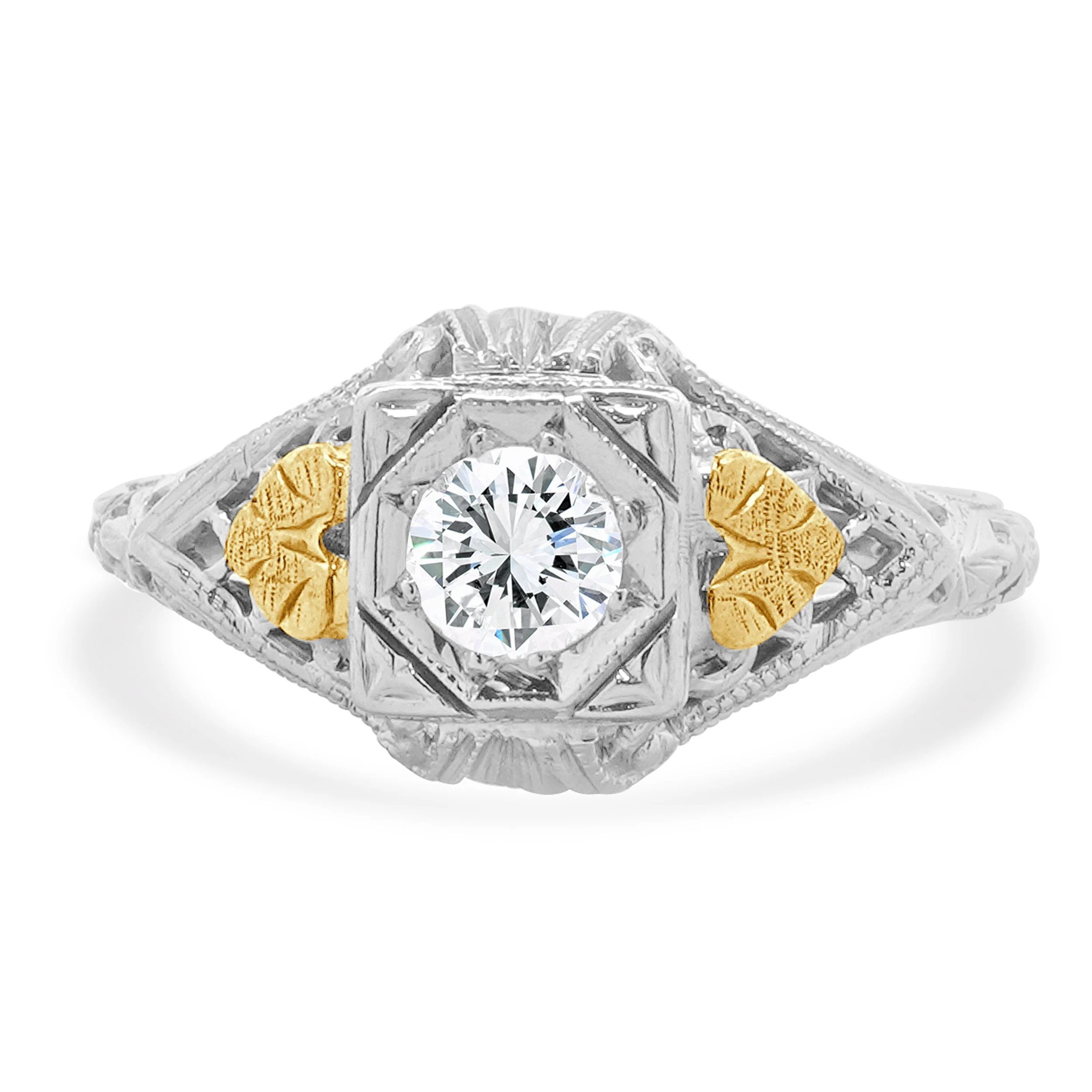 18 Karat White & Yellow Gold Vintage European Cut Diamond Engagement Ring