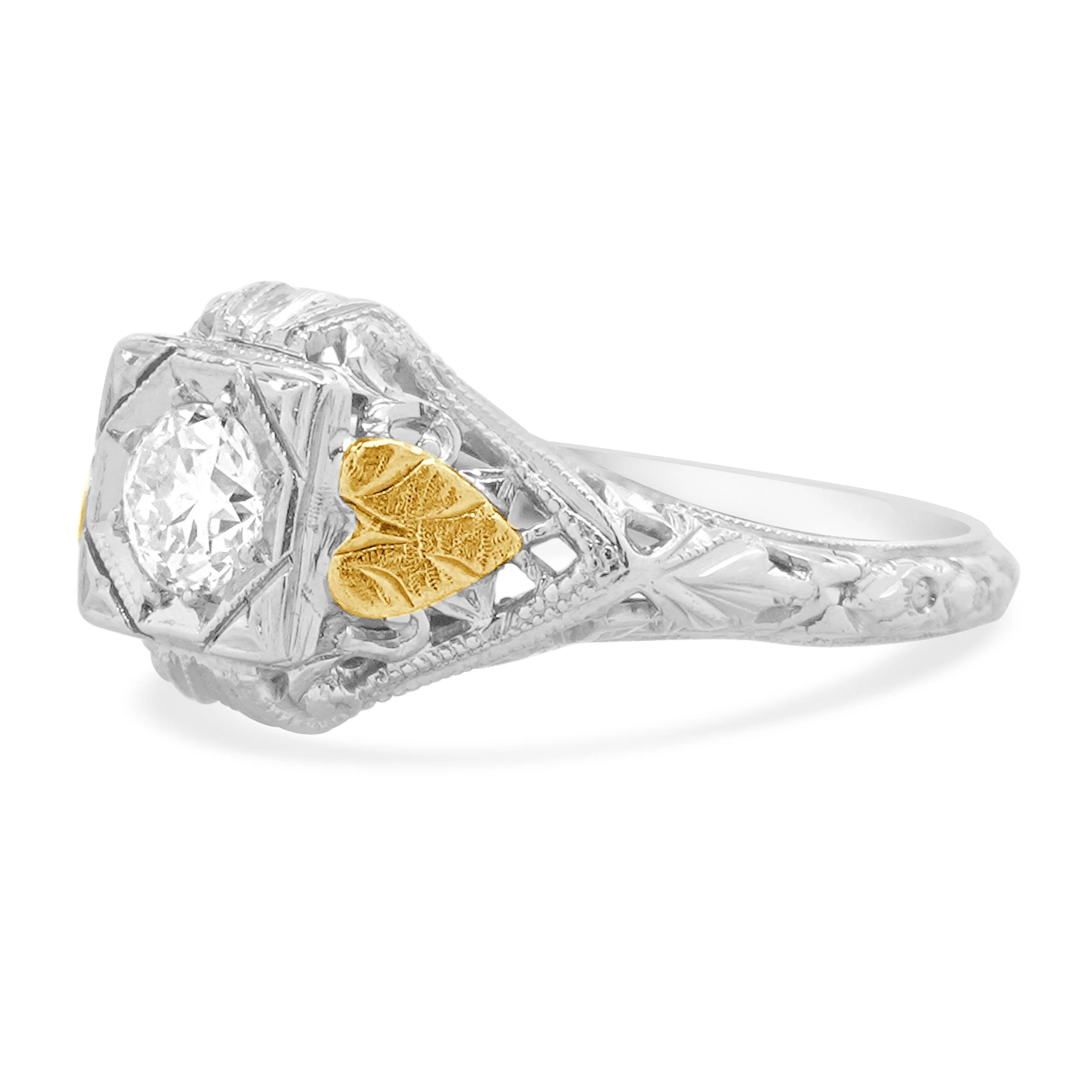 18 Karat White & Yellow Gold Vintage European Cut Diamond Engagement Ring - Image 2