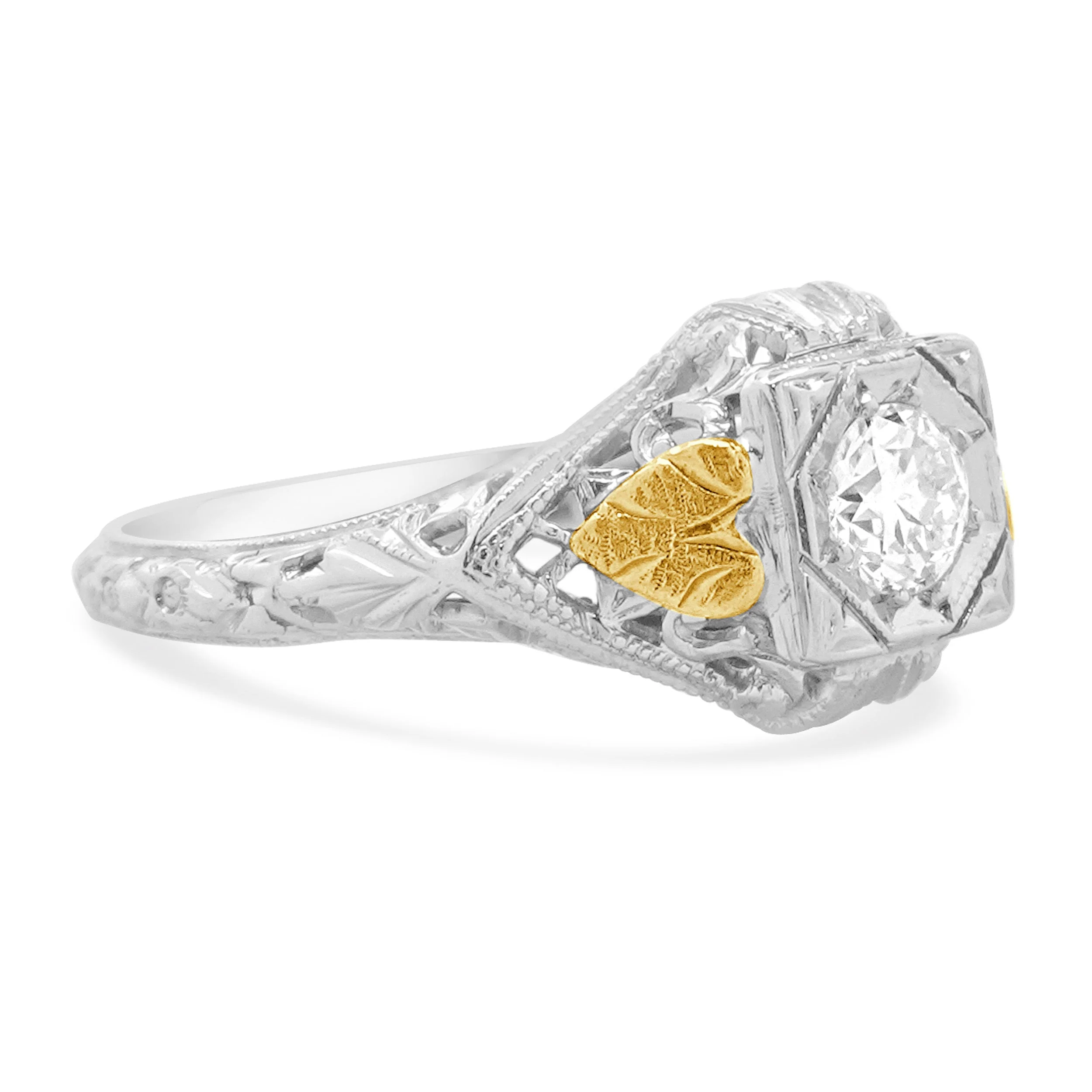 18 Karat White & Yellow Gold Vintage European Cut Diamond Engagement Ring - Image 4