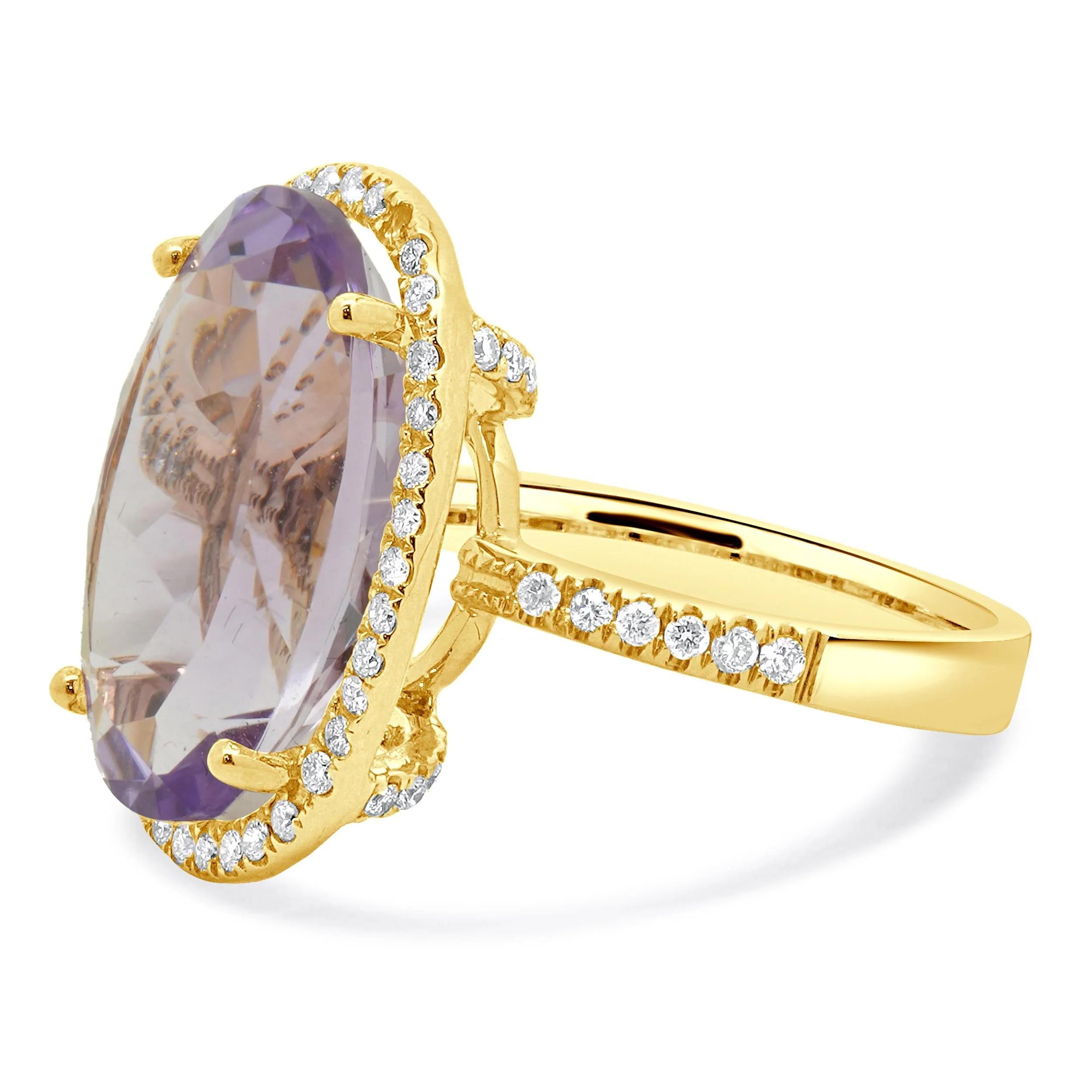 18 Karat Yellow Gold Amethyst and Diamond Halo Ring - Image 2
