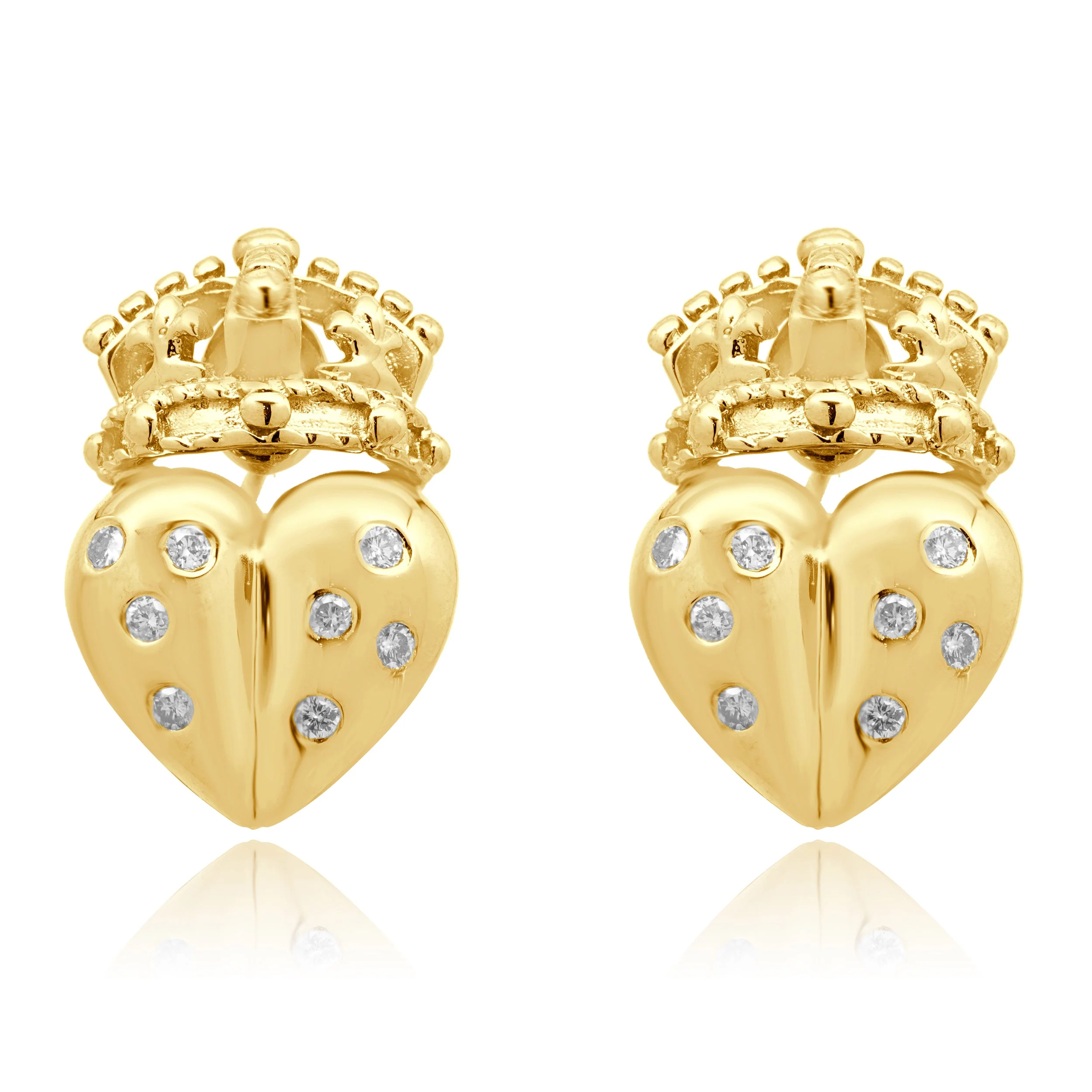 18 Karat Yellow Gold and Flush Set Round Diamond Royal Heart Earrings