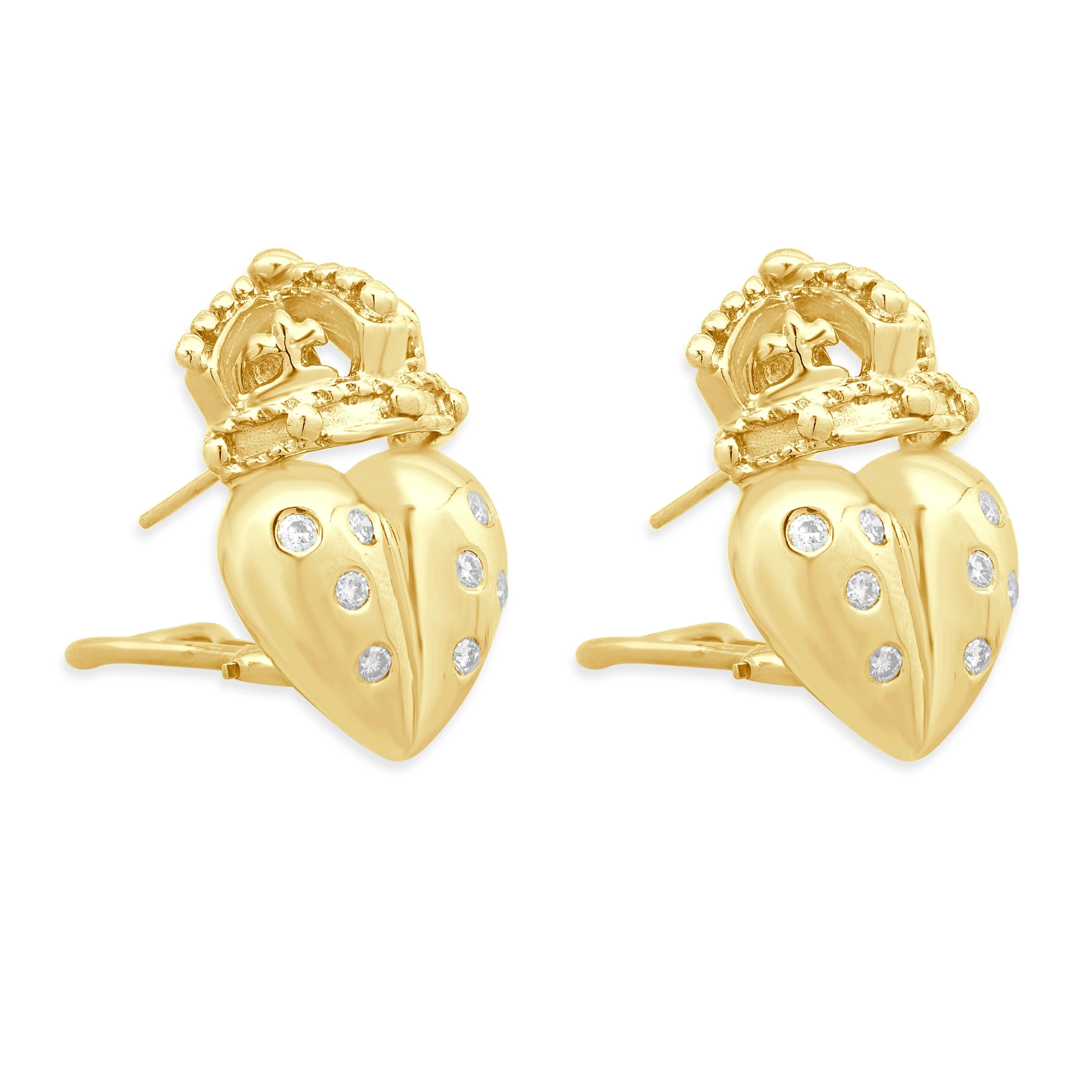 18 Karat Yellow Gold and Flush Set Round Diamond Royal Heart Earrings - Image 2