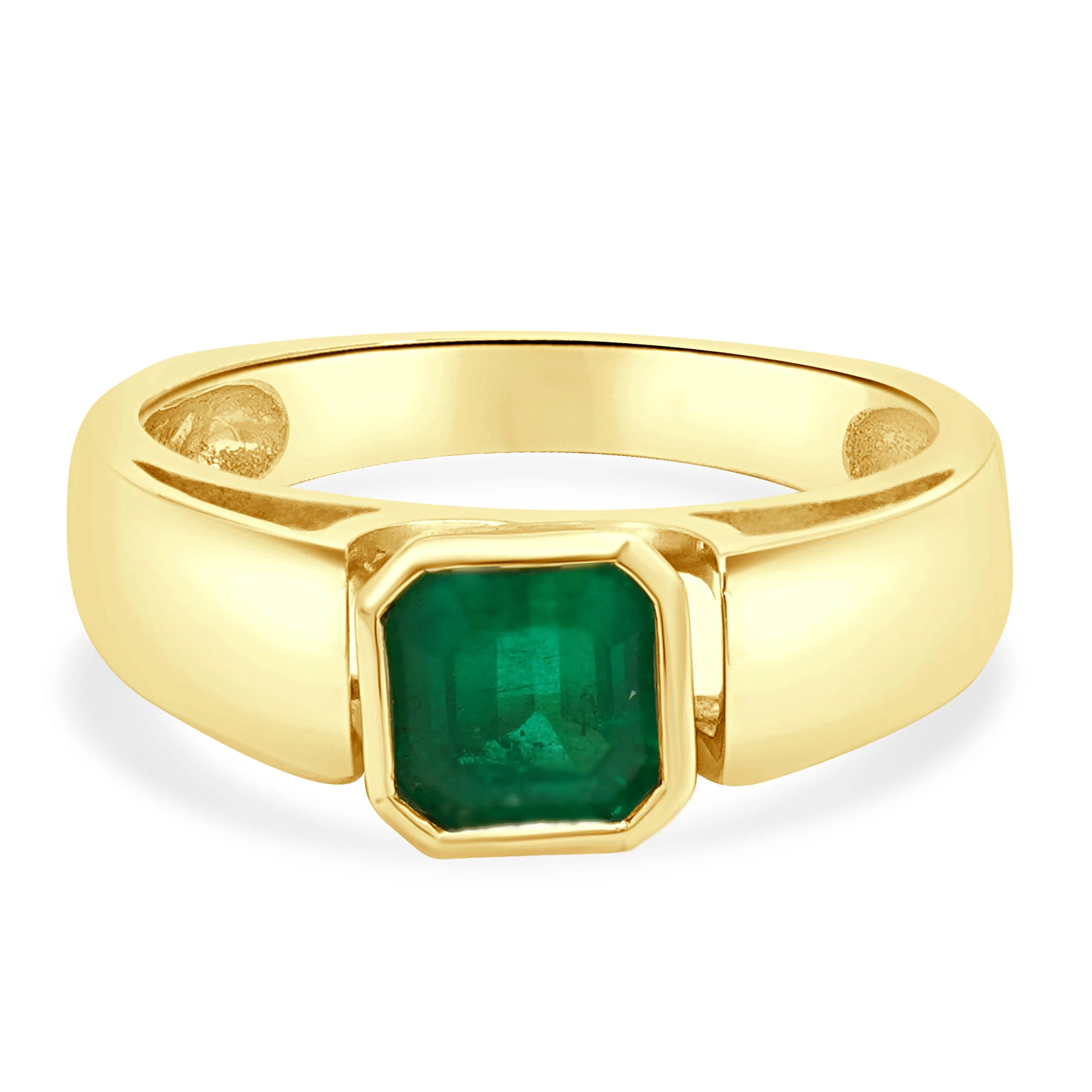 18 Karat Yellow Gold Bezel Set Emerald Cut Emerald Solitaire Ring