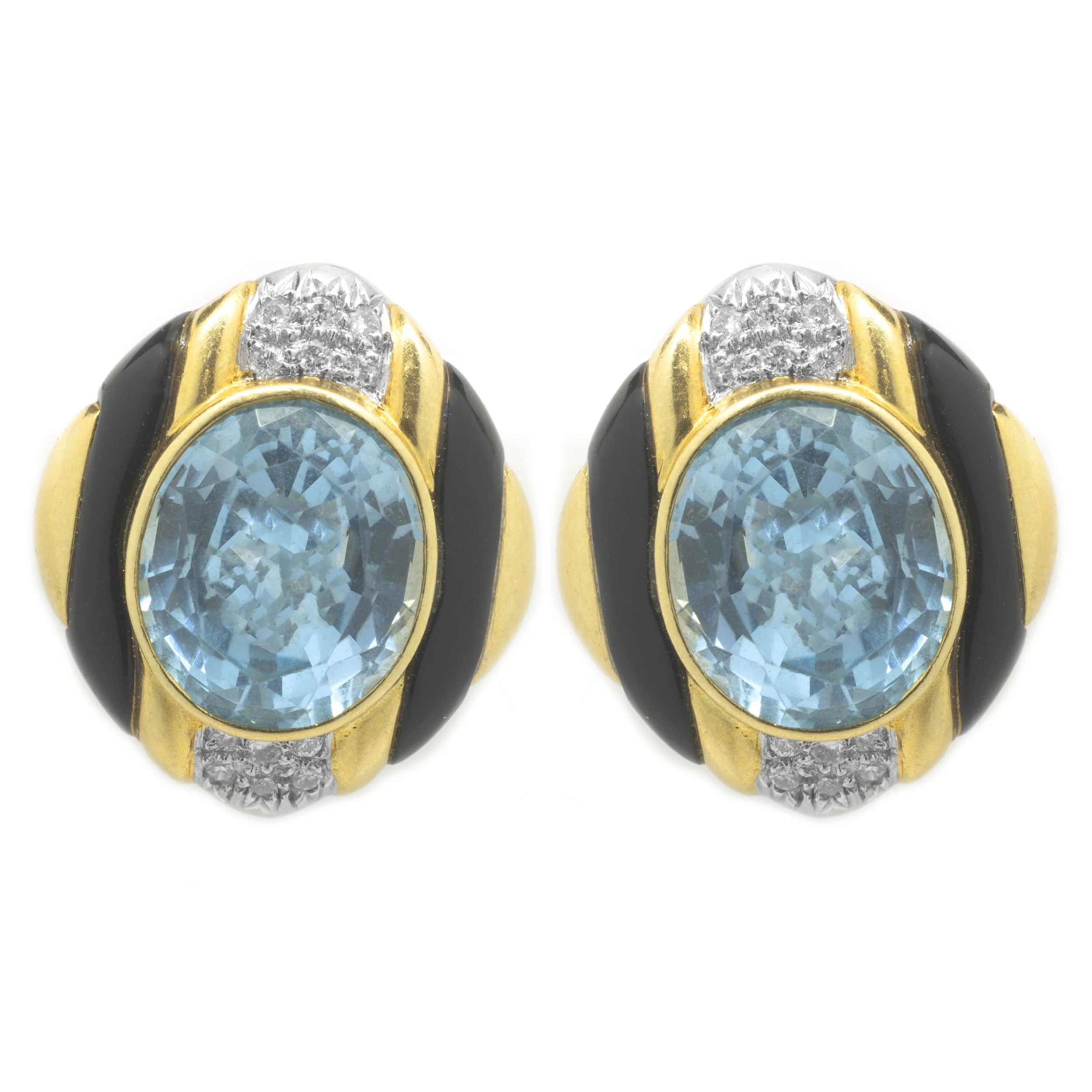 18 Karat Yellow Gold Blue Topaz, Diamond and Black Onyx Earrings