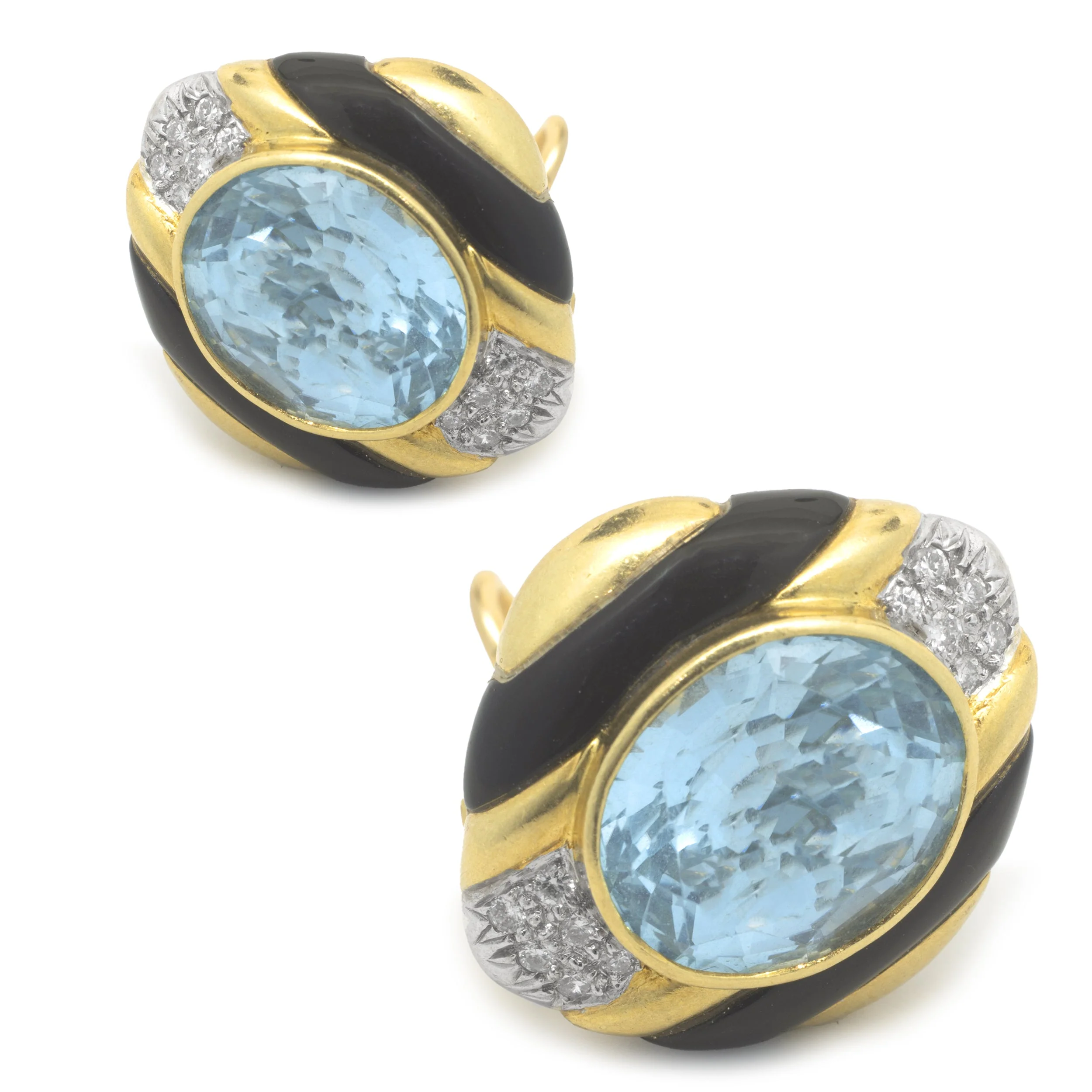 18 Karat Yellow Gold Blue Topaz, Diamond and Black Onyx Earrings - Image 2