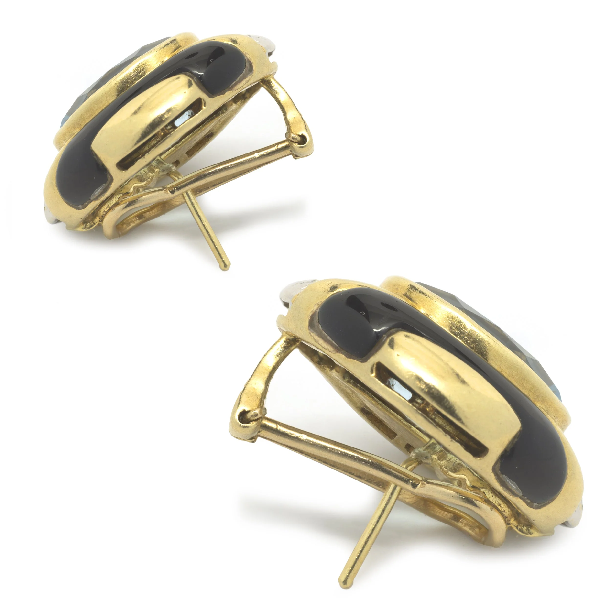 18 Karat Yellow Gold Blue Topaz, Diamond and Black Onyx Earrings - Image 3