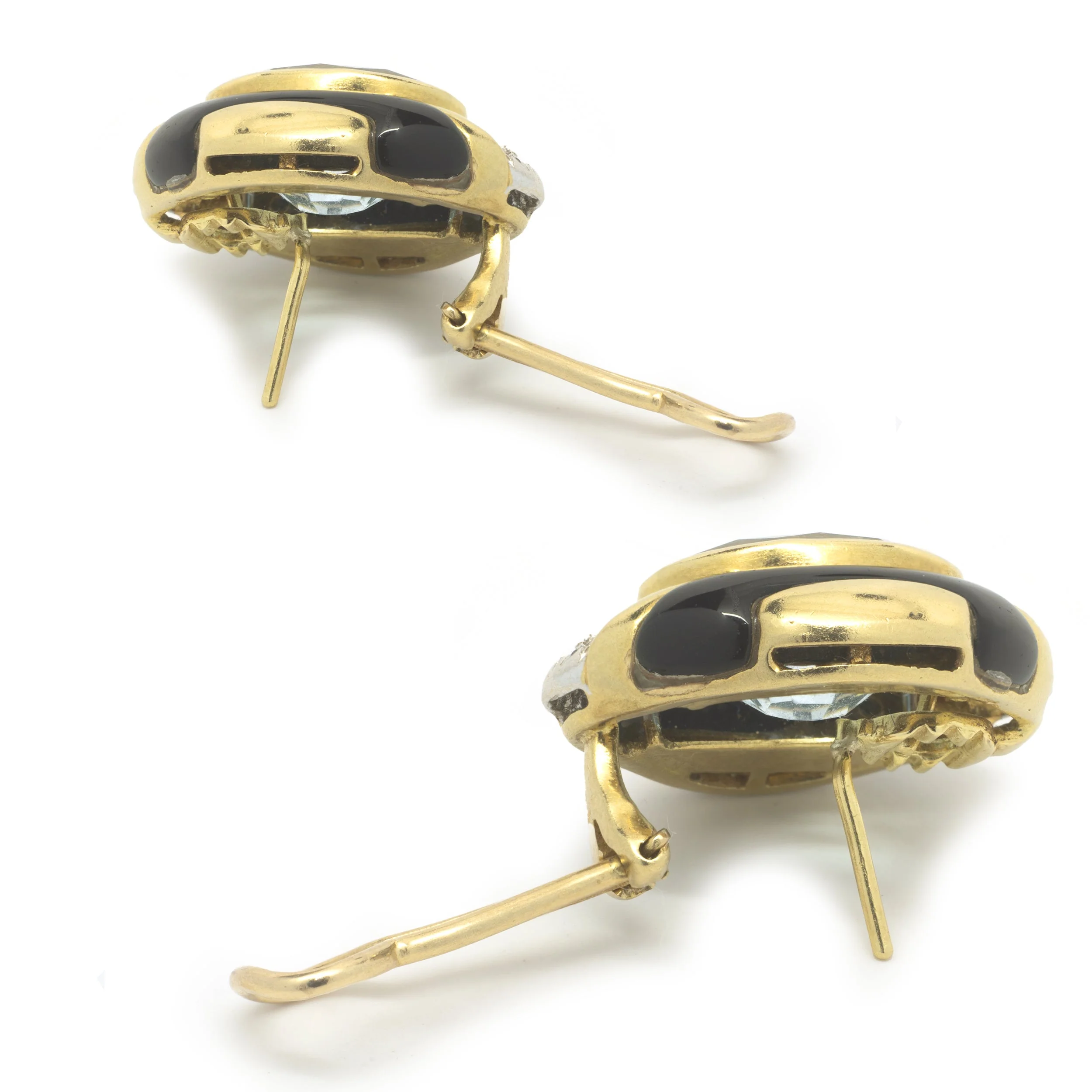 18 Karat Yellow Gold Blue Topaz, Diamond and Black Onyx Earrings - Image 4