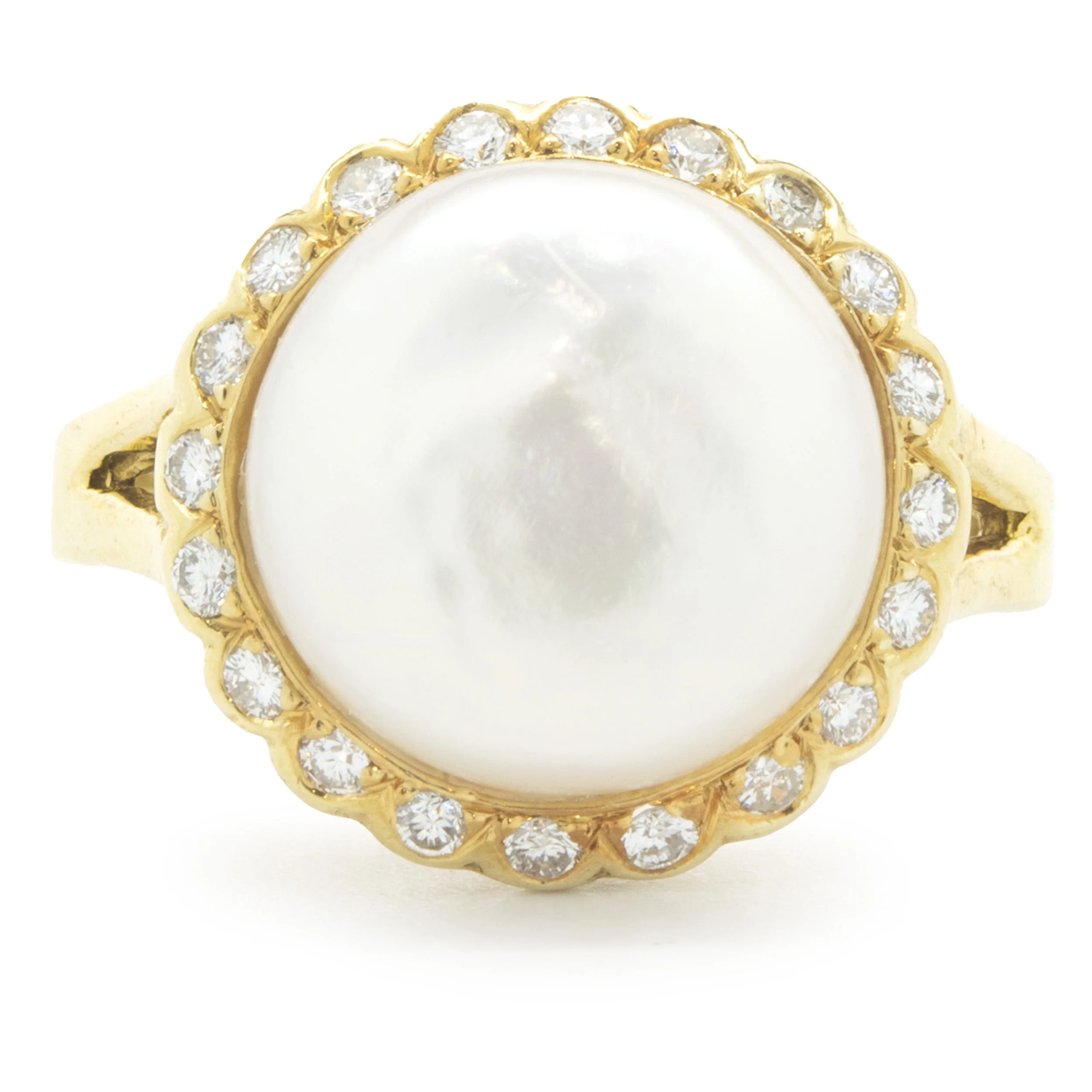 18 Karat Yellow Gold Button Pearl and Diamond Cocktail Ring