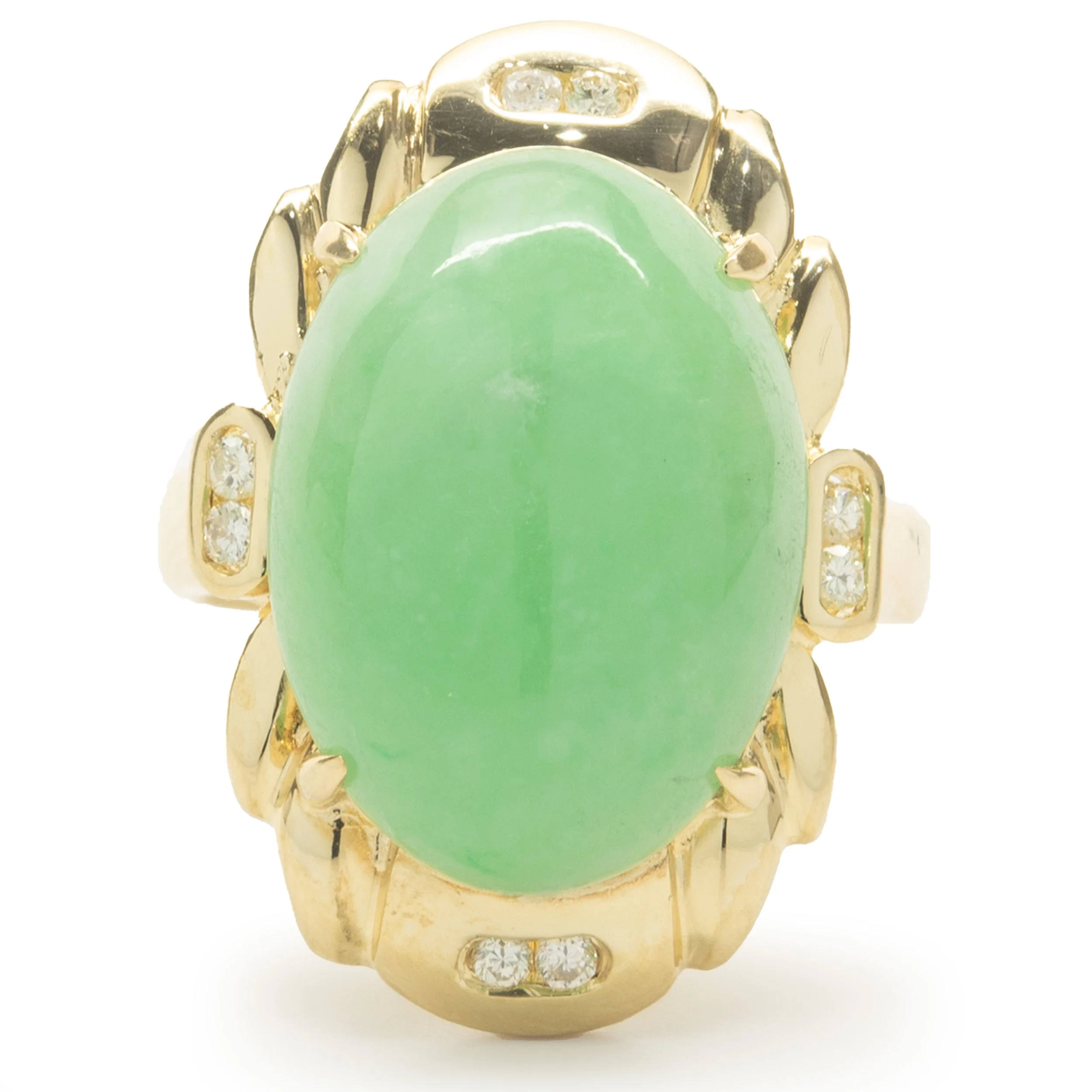 18 Karat Yellow Gold Cabachon Cut Jade and Diamond