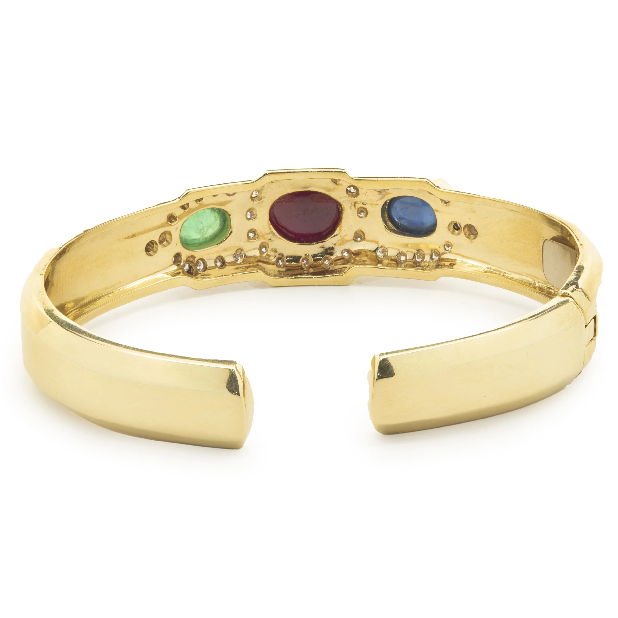 18 Karat Yellow Gold Cabochon Ruby, Sapphire, Emerald and Diamond Cuff Bracelet - Image 3