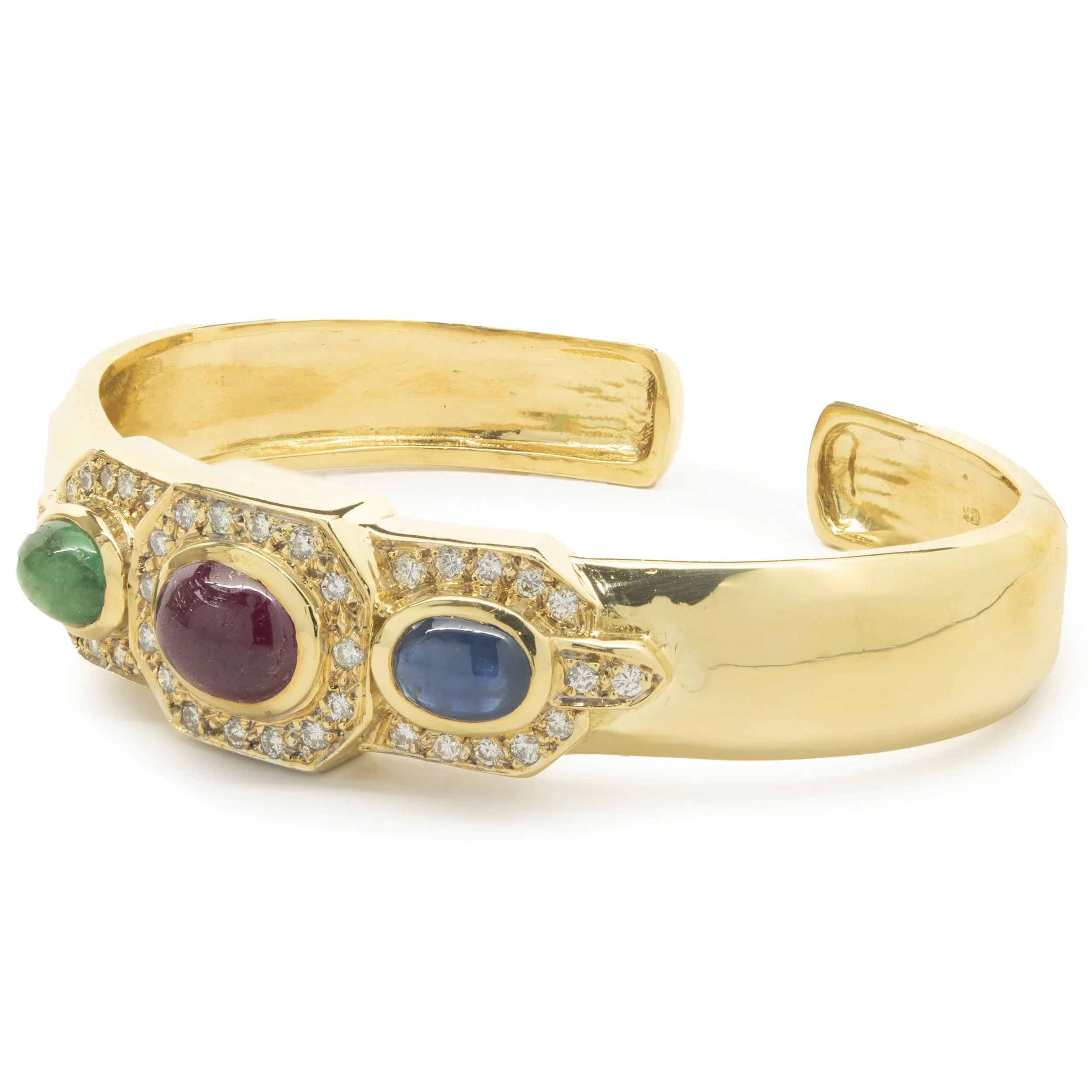 18 Karat Yellow Gold Cabochon Ruby, Sapphire, Emerald and Diamond Cuff Bracelet - Image 4