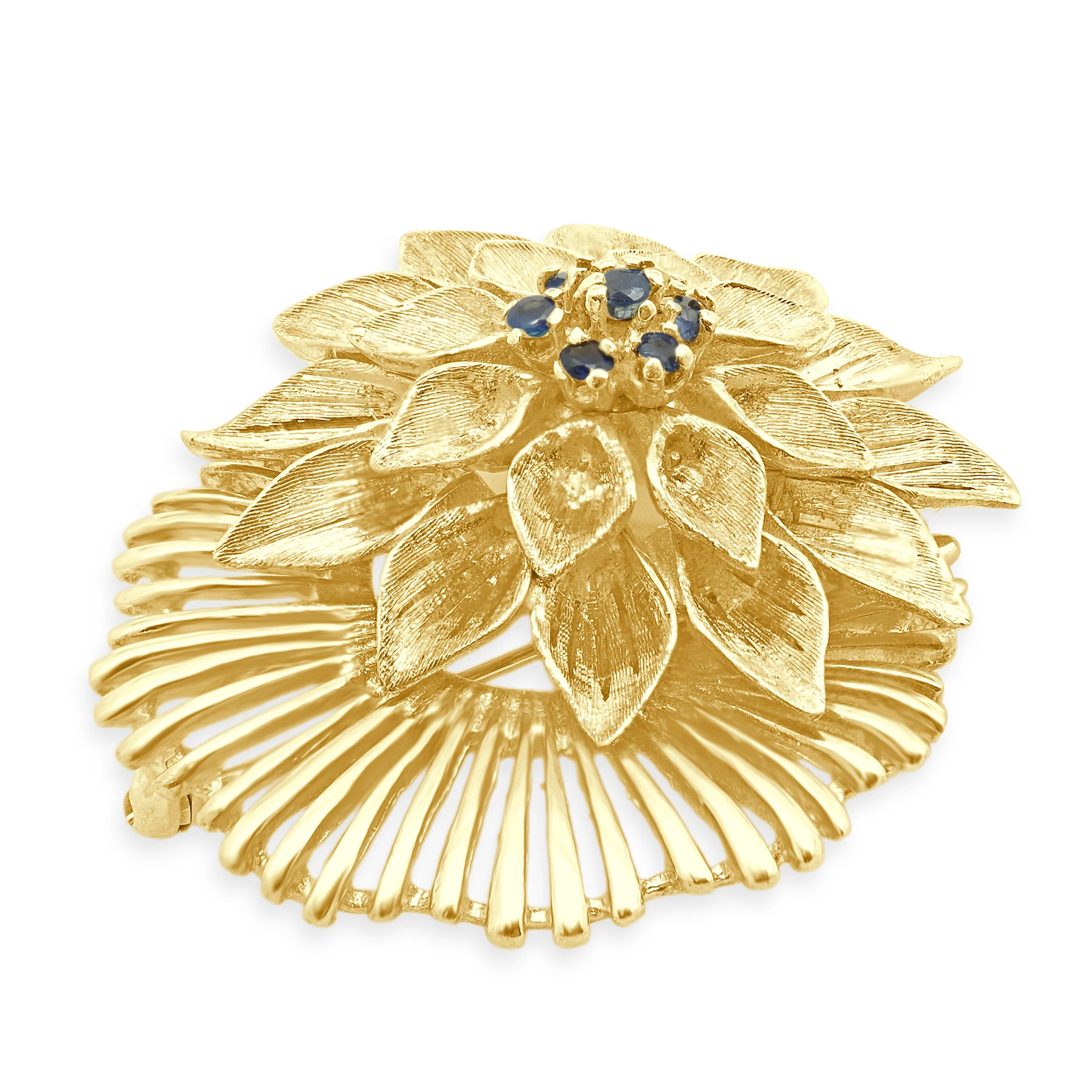 18 Karat Yellow Gold Dahlia Flower Brooch w/Sapphires