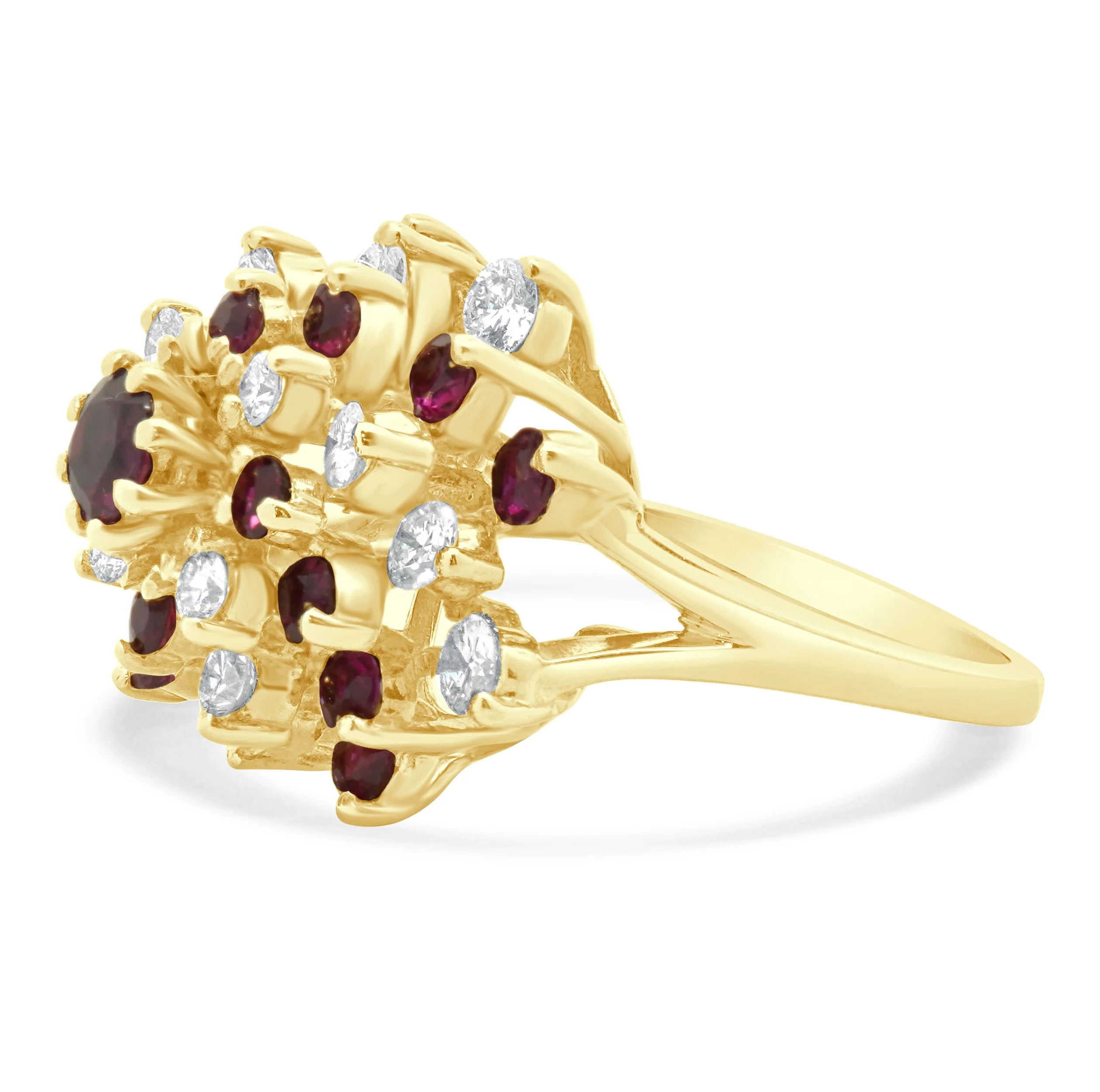 18 Karat Yellow Gold Diamond and Ruby Cocktail Swirl Ring - Image 2