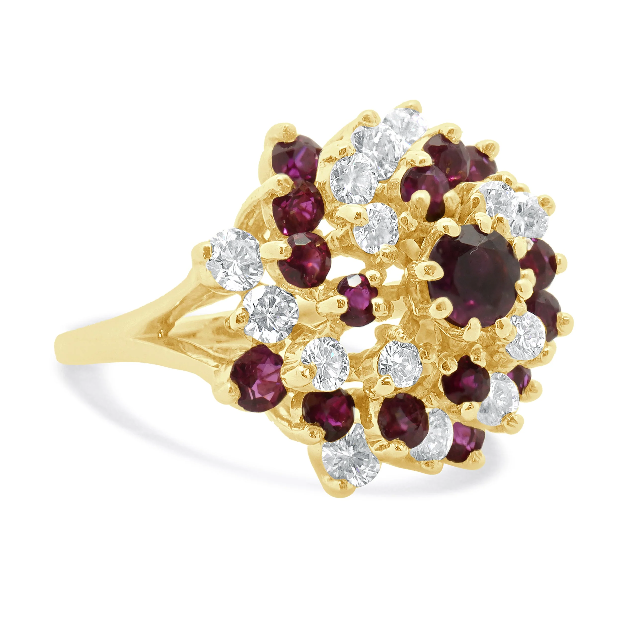 18 Karat Yellow Gold Diamond and Ruby Cocktail Swirl Ring - Image 3