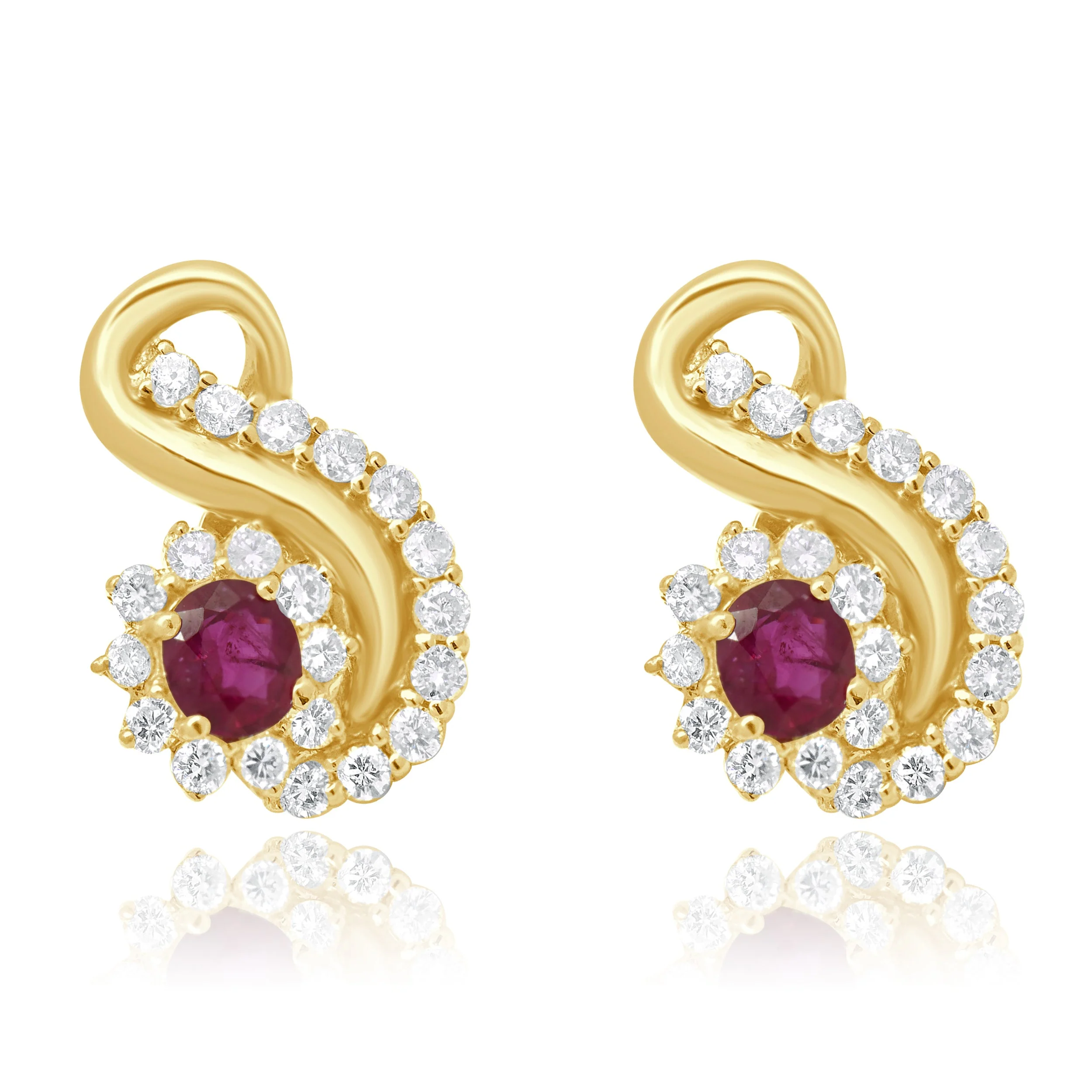 18 Karat Yellow Gold Diamond and Ruby Swirl Earrings