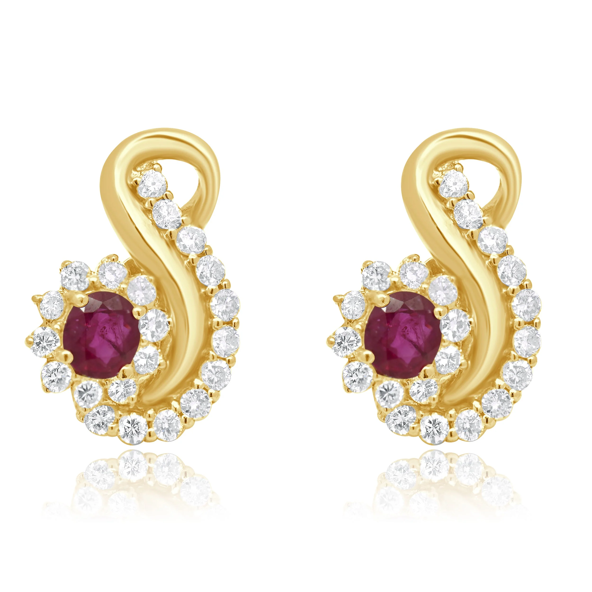 18 Karat Yellow Gold Diamond and Ruby Swirl Earrings - Image 2