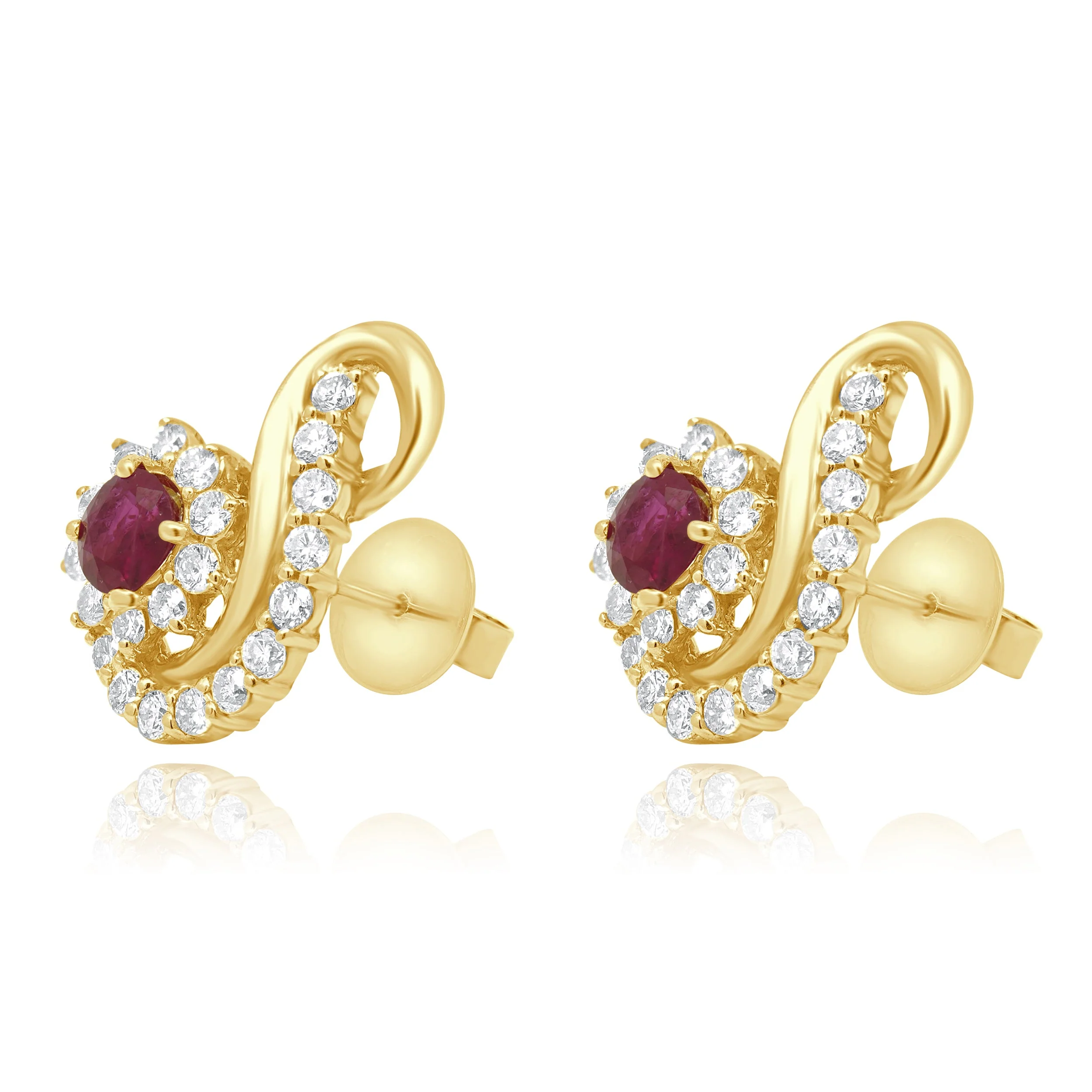 18 Karat Yellow Gold Diamond and Ruby Swirl Earrings - Image 3