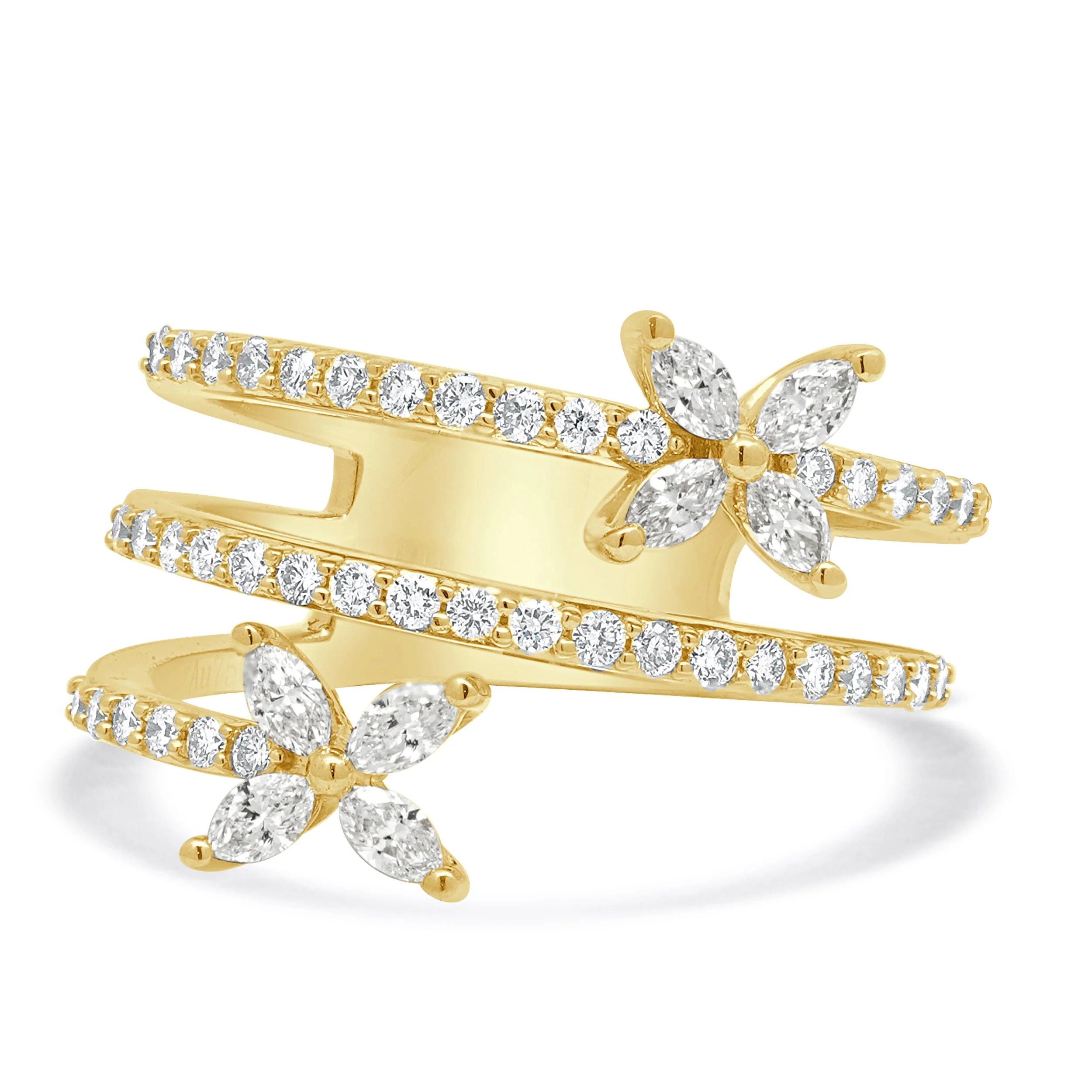 18 Karat Yellow Gold Diamond Bypass Flower Ring