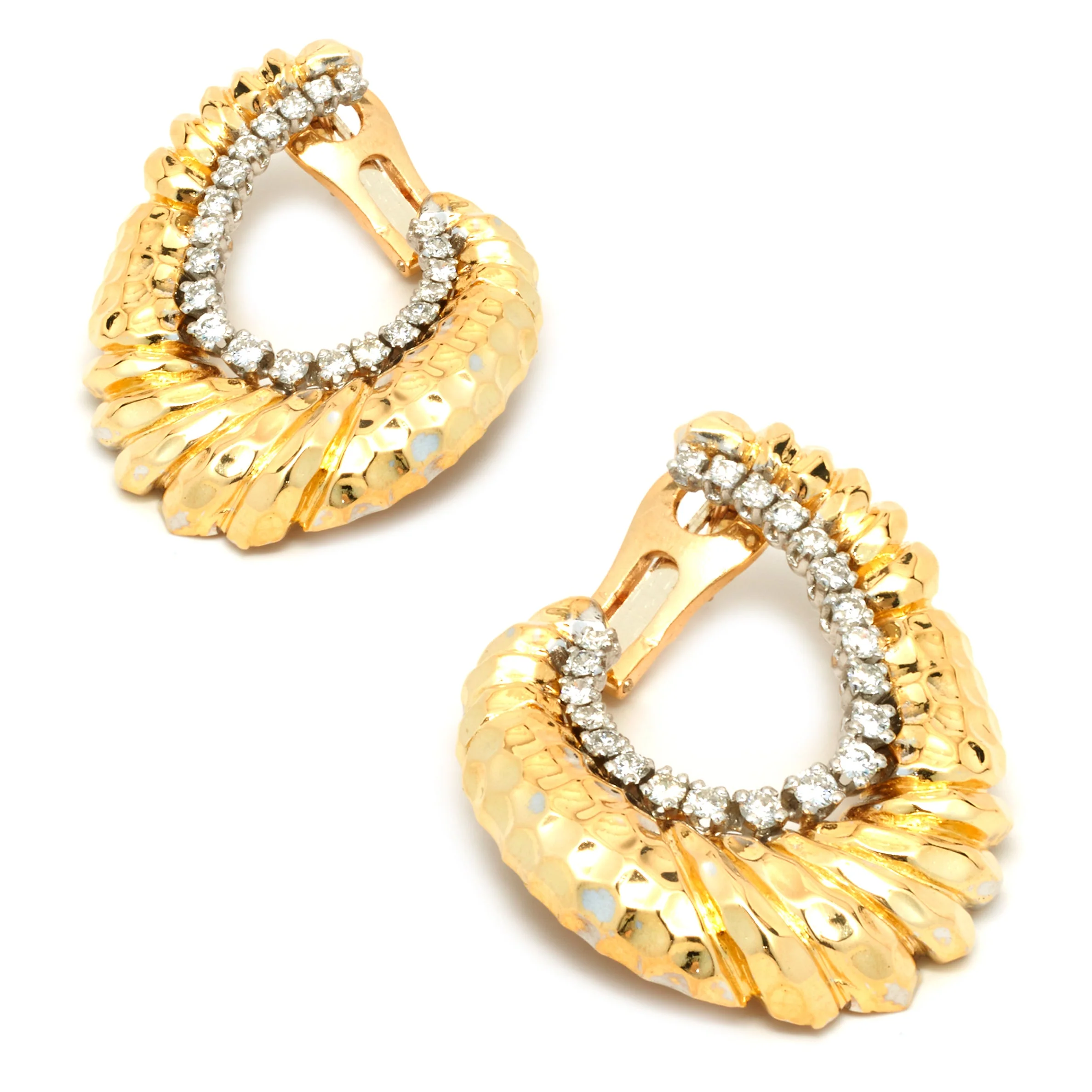 18 Karat Yellow Gold Faceted Ornate Diamond Oval Earrings - Image 2