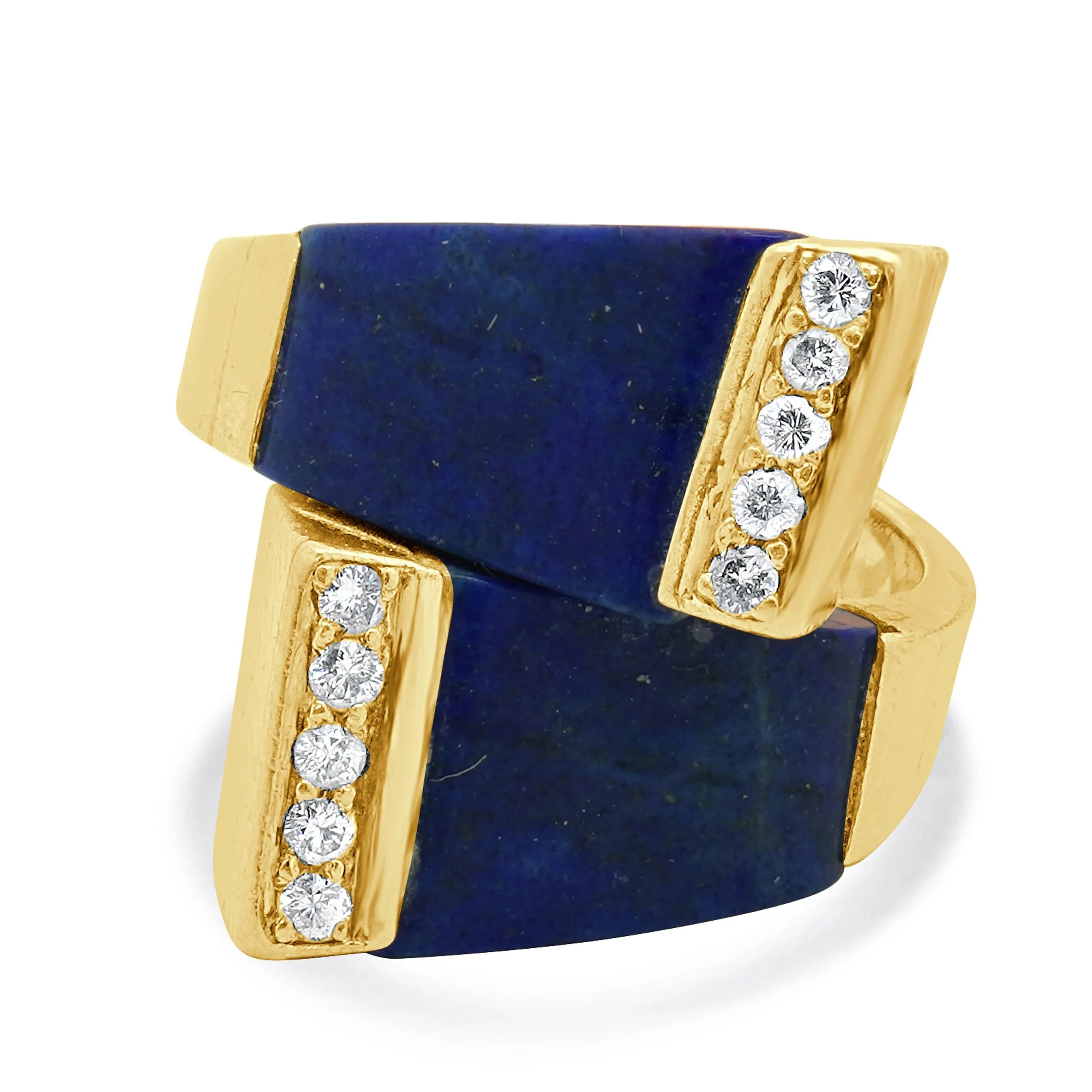 18 Karat Yellow Gold Geometric Lapis and Diamond Ring