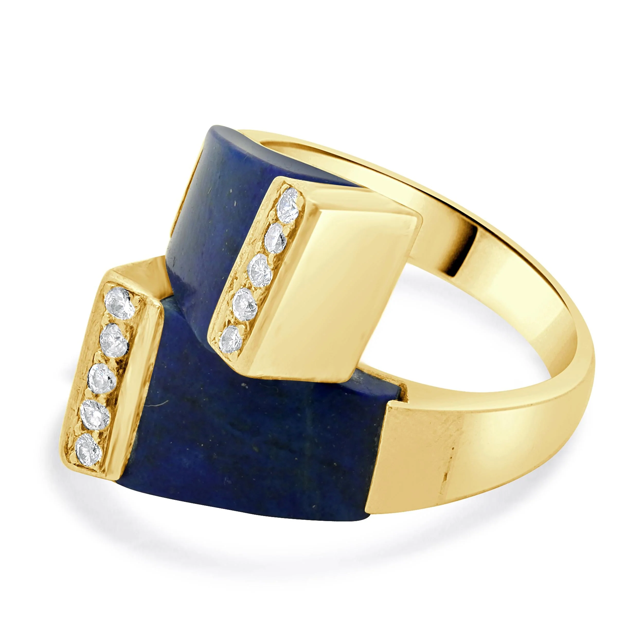 18 Karat Yellow Gold Geometric Lapis and Diamond Ring - Image 2