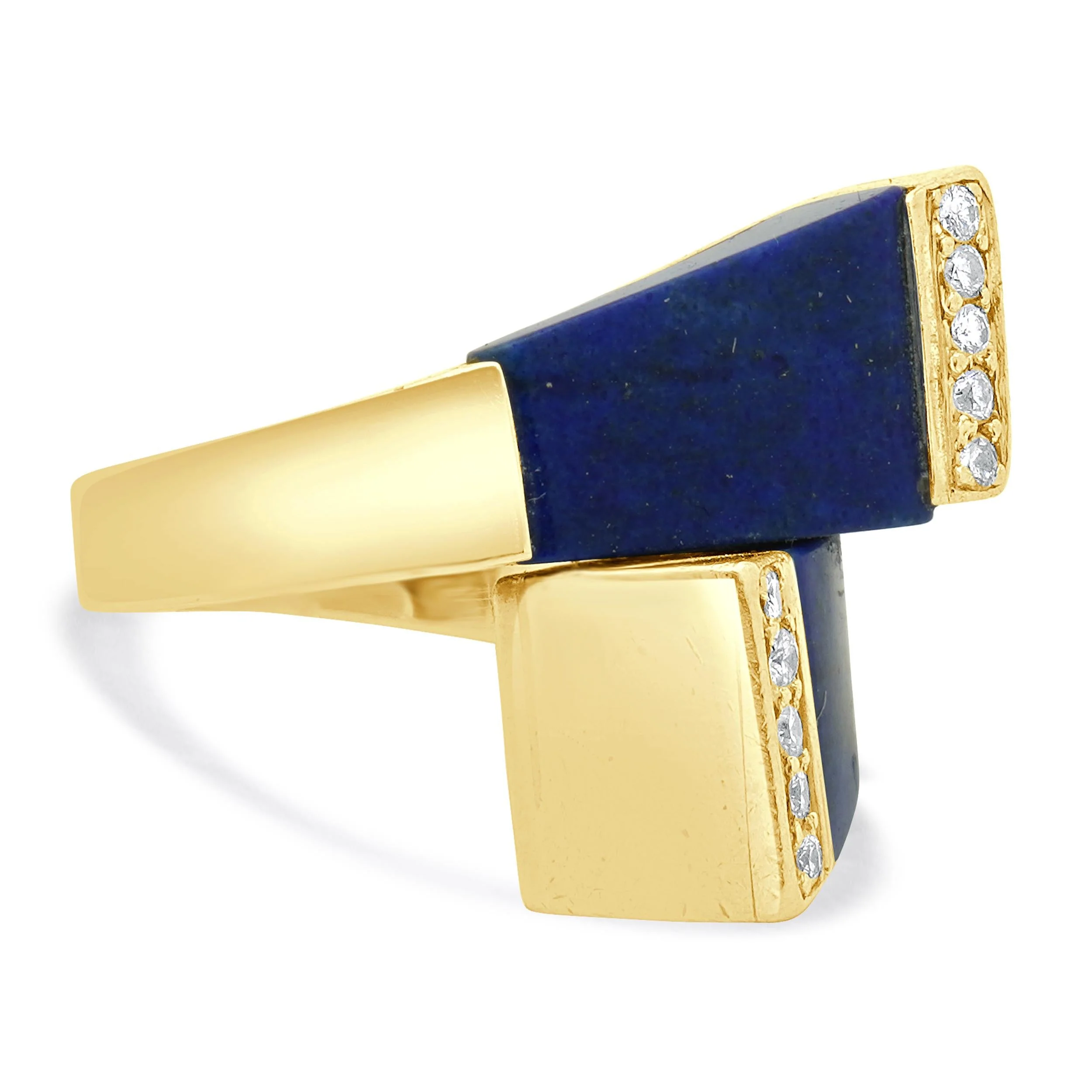 18 Karat Yellow Gold Geometric Lapis and Diamond Ring - Image 3