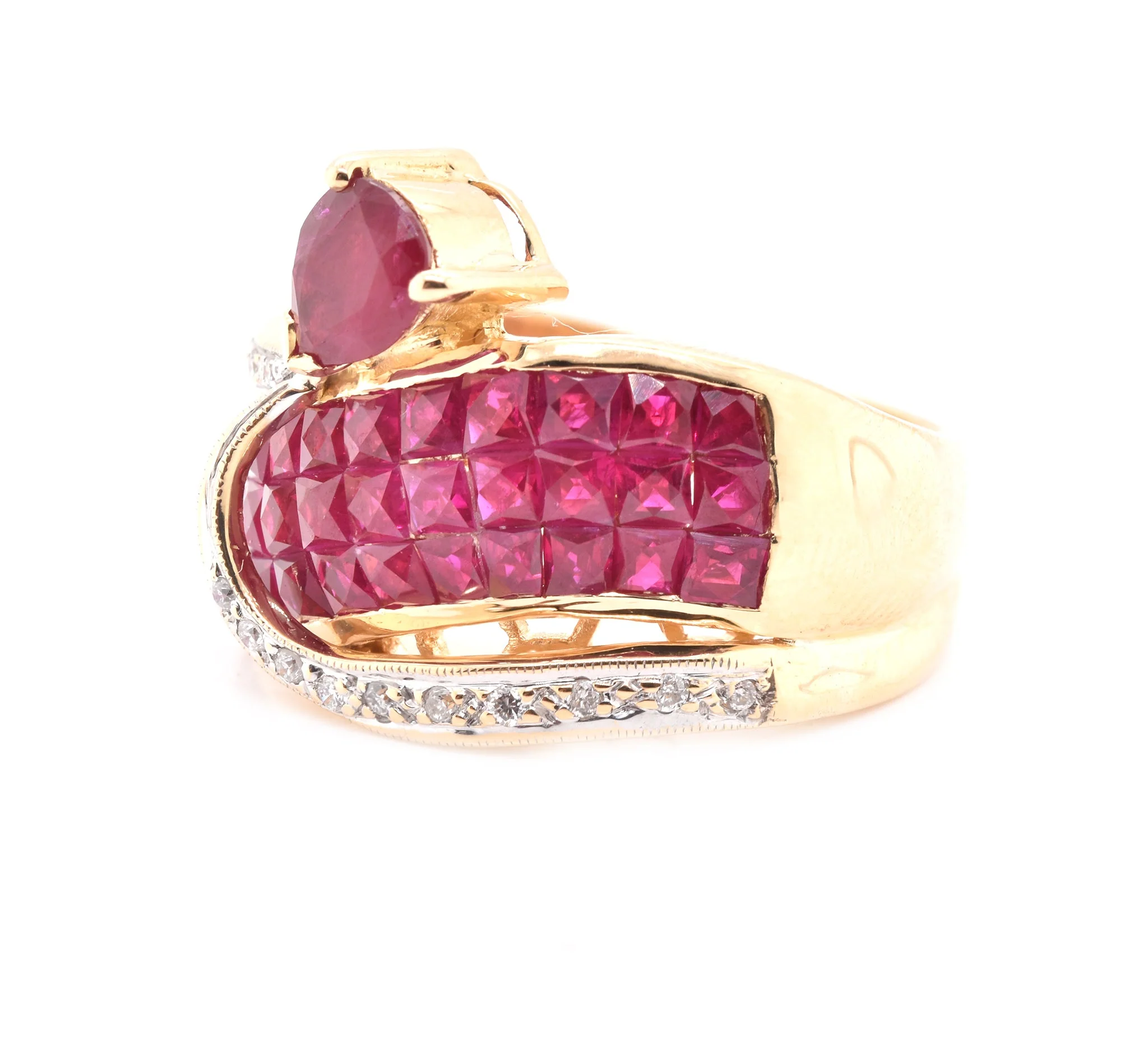 18 Karat Yellow Gold Invisible Set Pigeons Blood Ruby and Diamond Ring - Image 3
