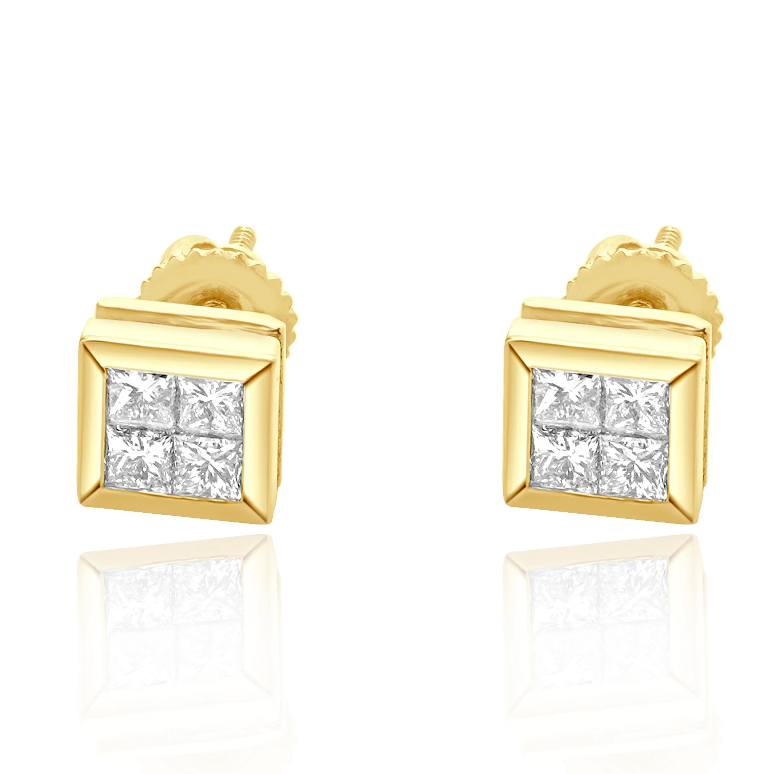 18 Karat Yellow Gold Invisible Set Princess Cut Diamond Studs