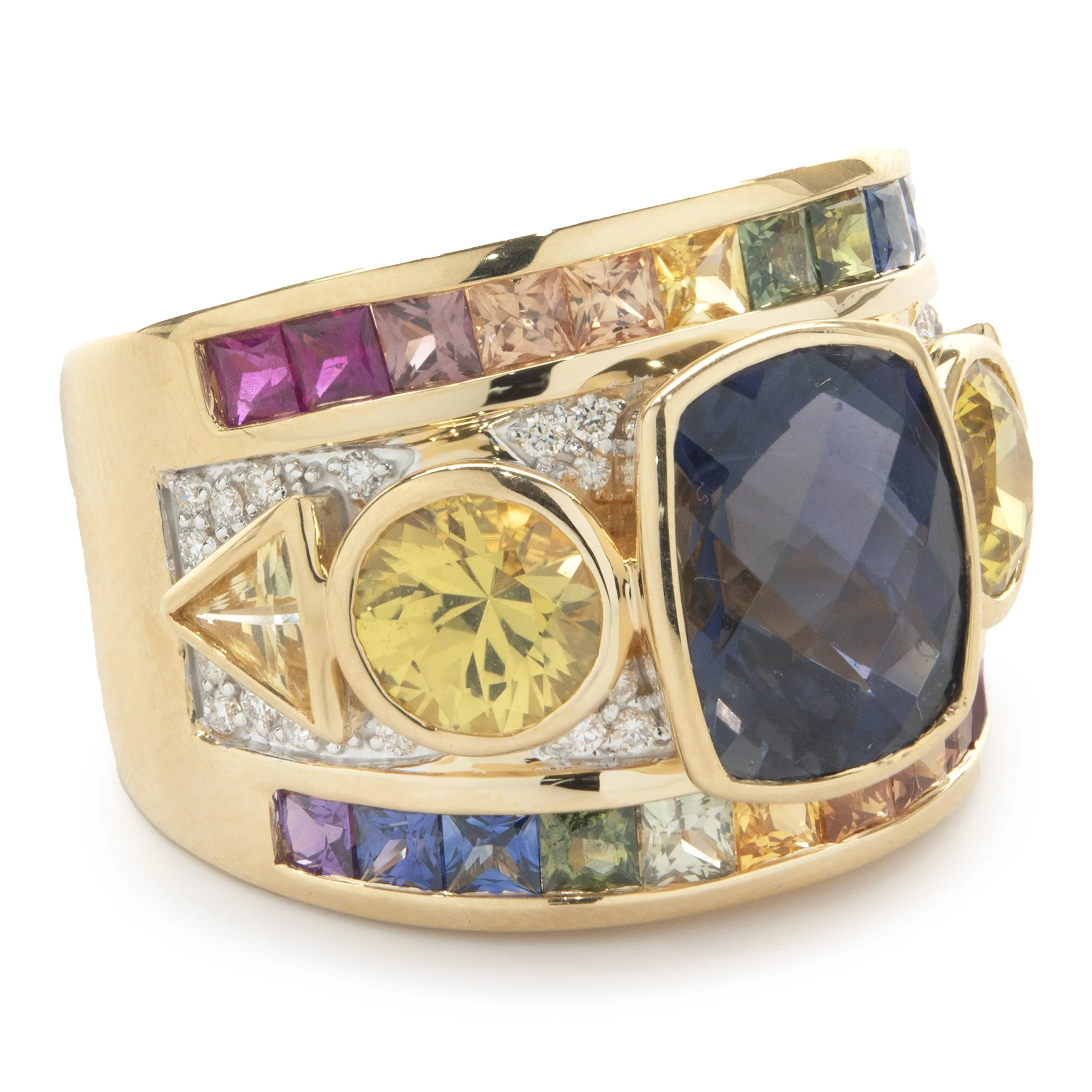 18 Karat Yellow Gold Iolite, Rainbow Sapphire, and Diamond Ring - Image 2
