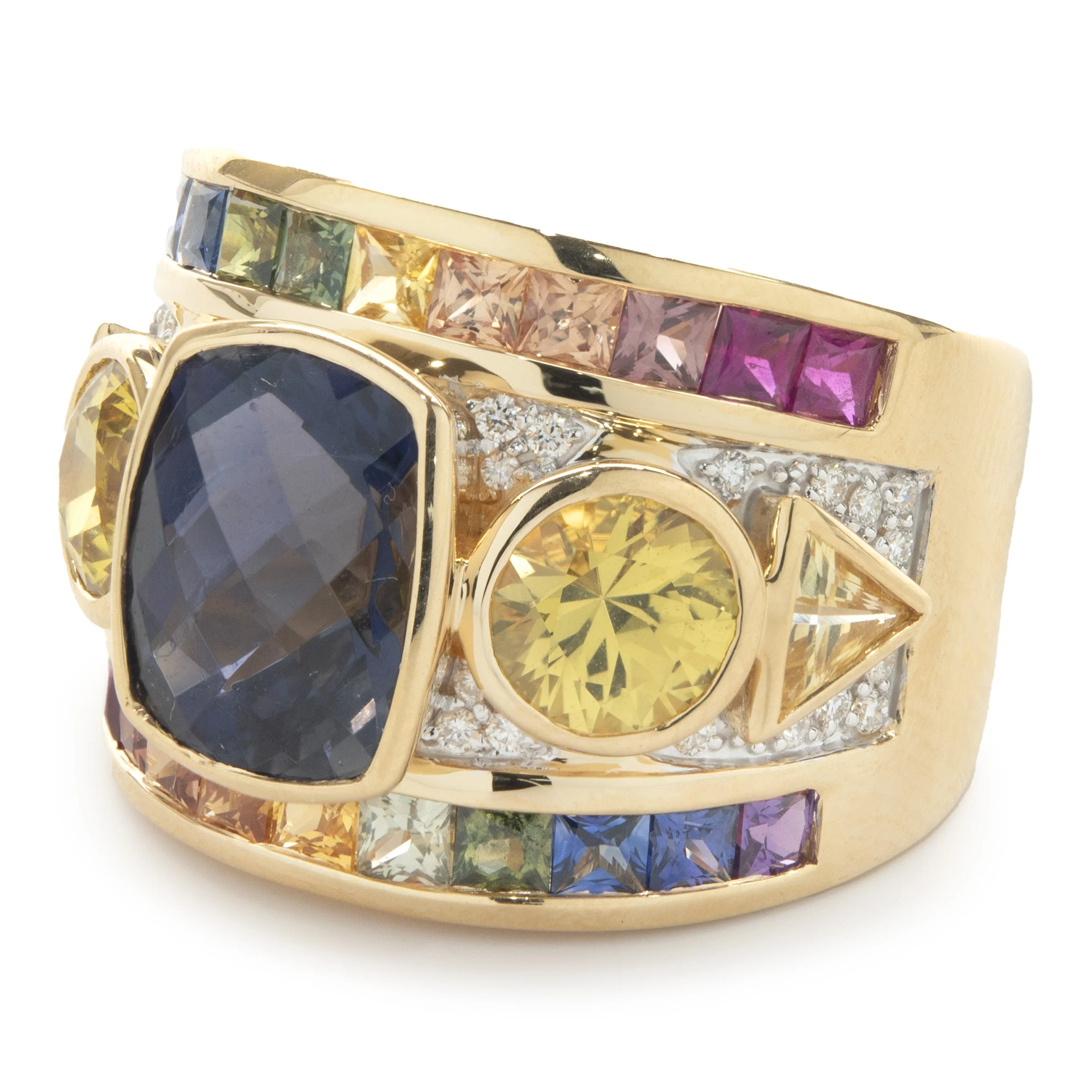 18 Karat Yellow Gold Iolite, Rainbow Sapphire, and Diamond Ring - Image 4