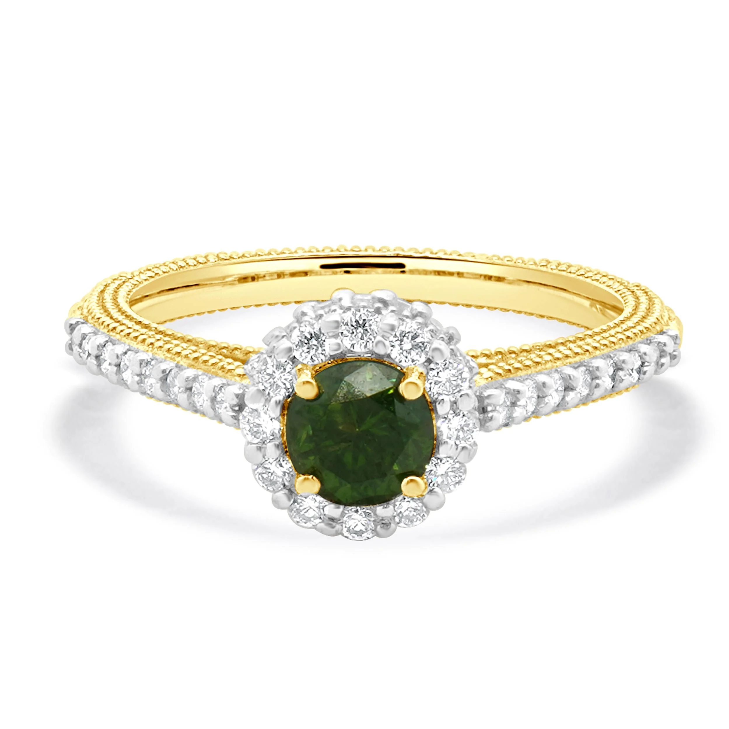 18 Karat Yellow Gold Irradiated Green Diamond Halo Ring