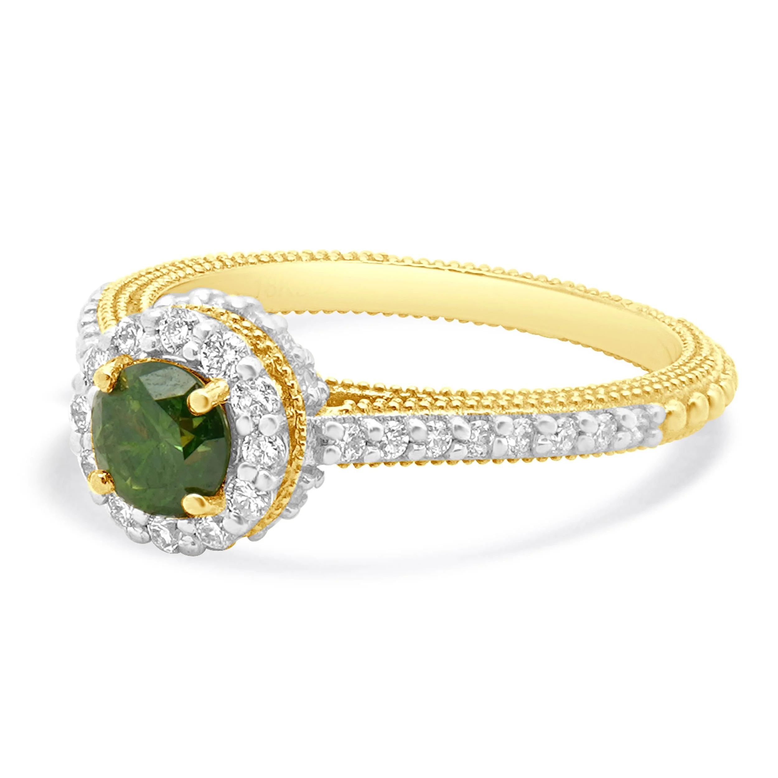 18 Karat Yellow Gold Irradiated Green Diamond Halo Ring - Image 2