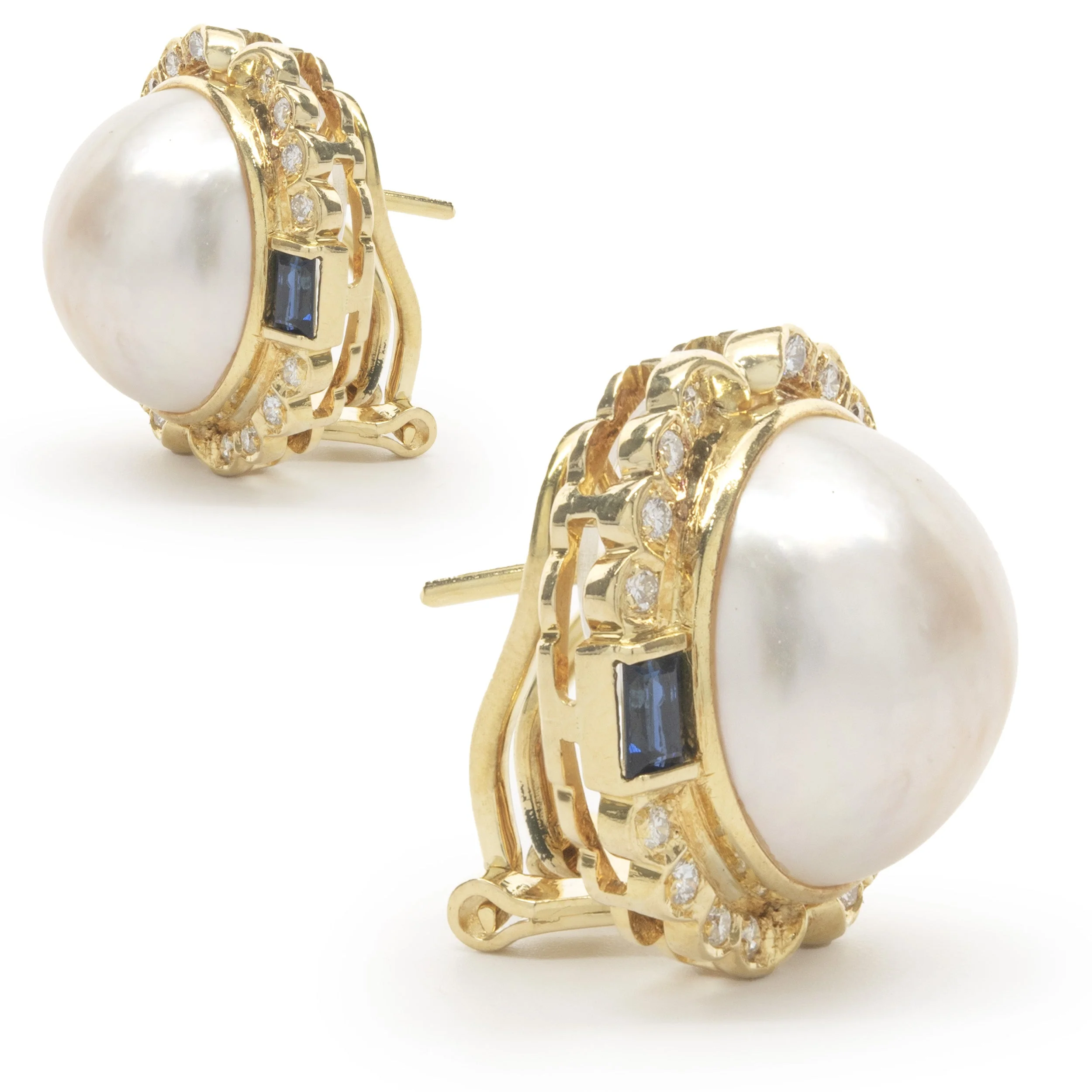 18 Karat Yellow Gold Mabe Pearl, Diamond and Sapphire Earrings - Image 2