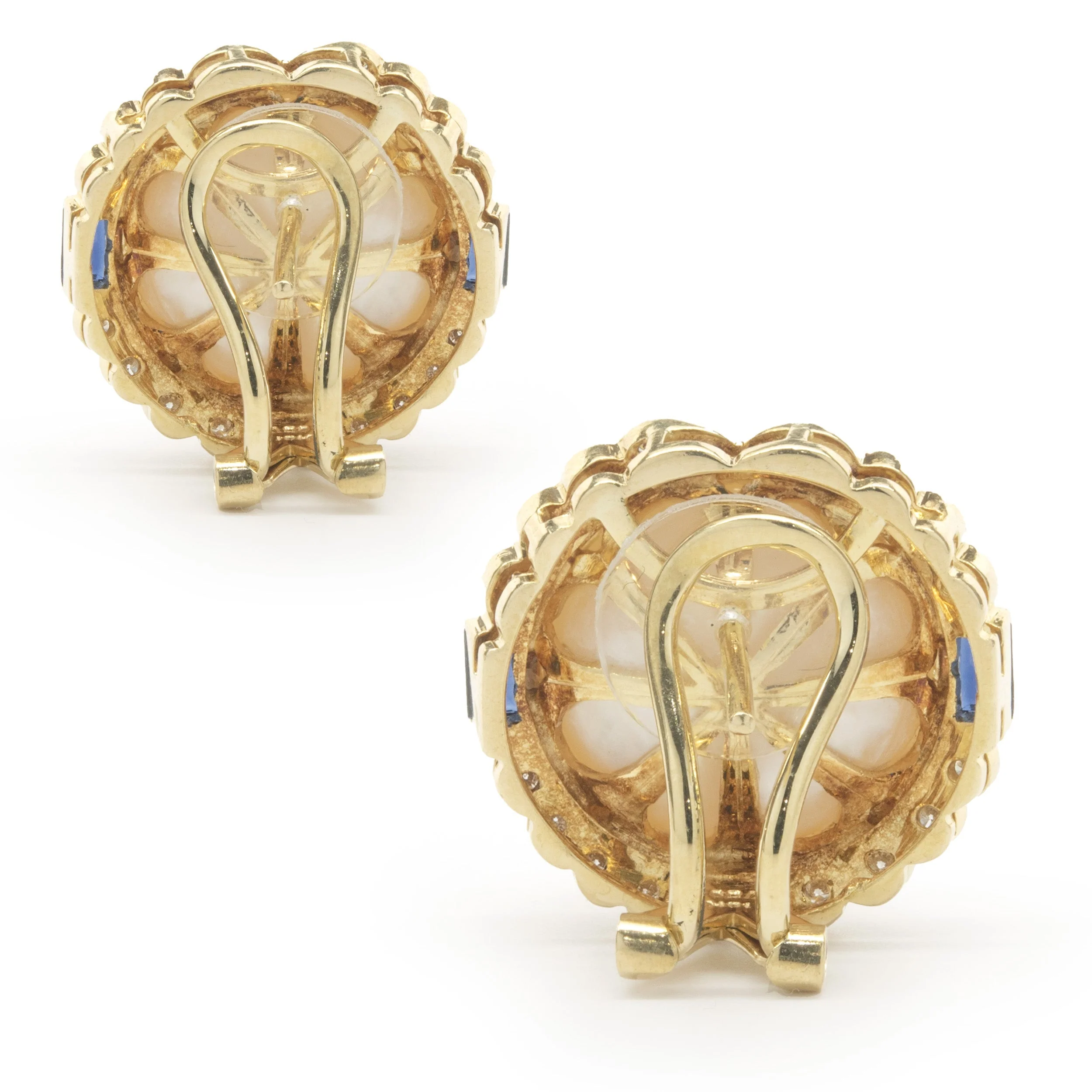 18 Karat Yellow Gold Mabe Pearl, Diamond and Sapphire Earrings - Image 3