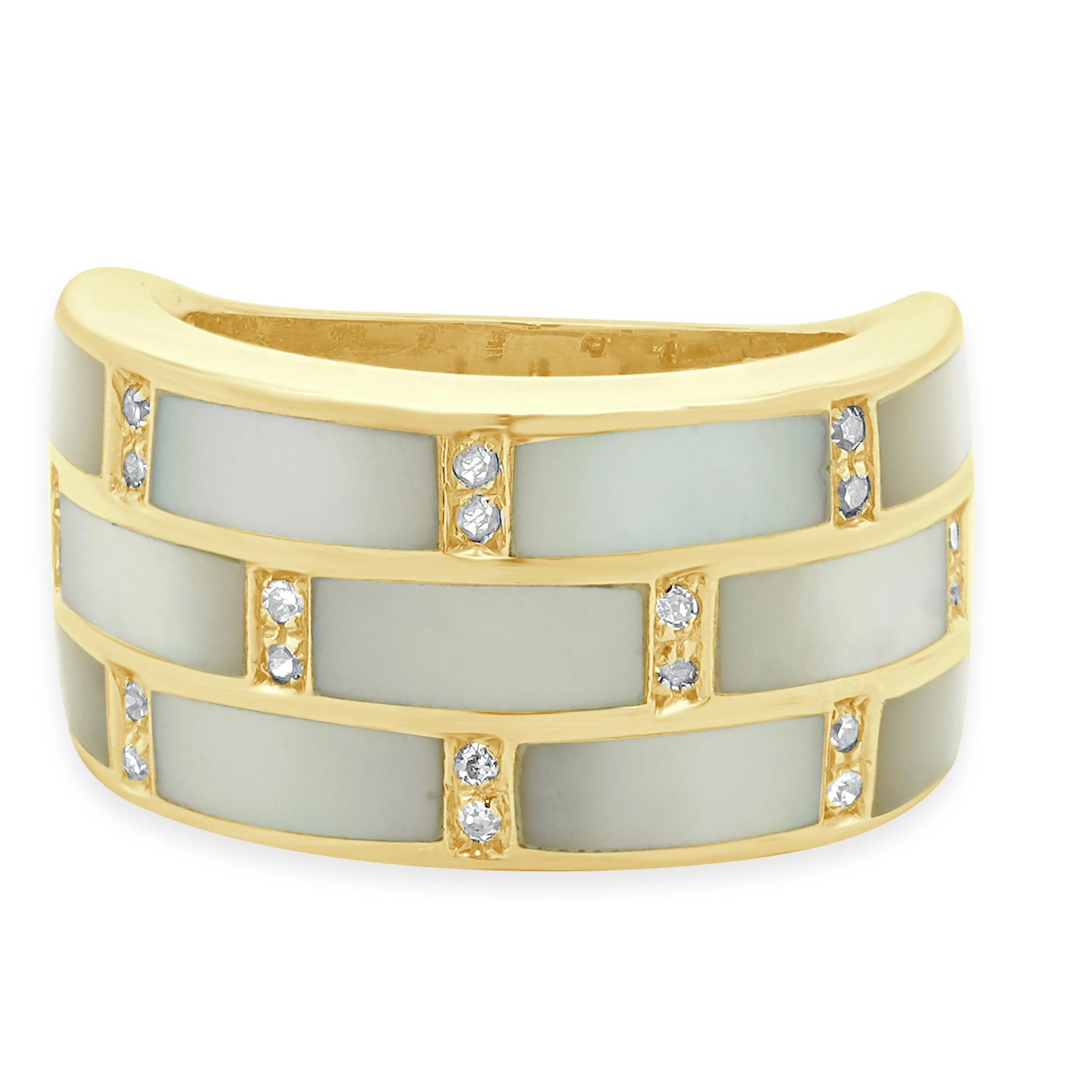 18 Karat Yellow Gold Mother of Pearl and Diamond Block Ring
