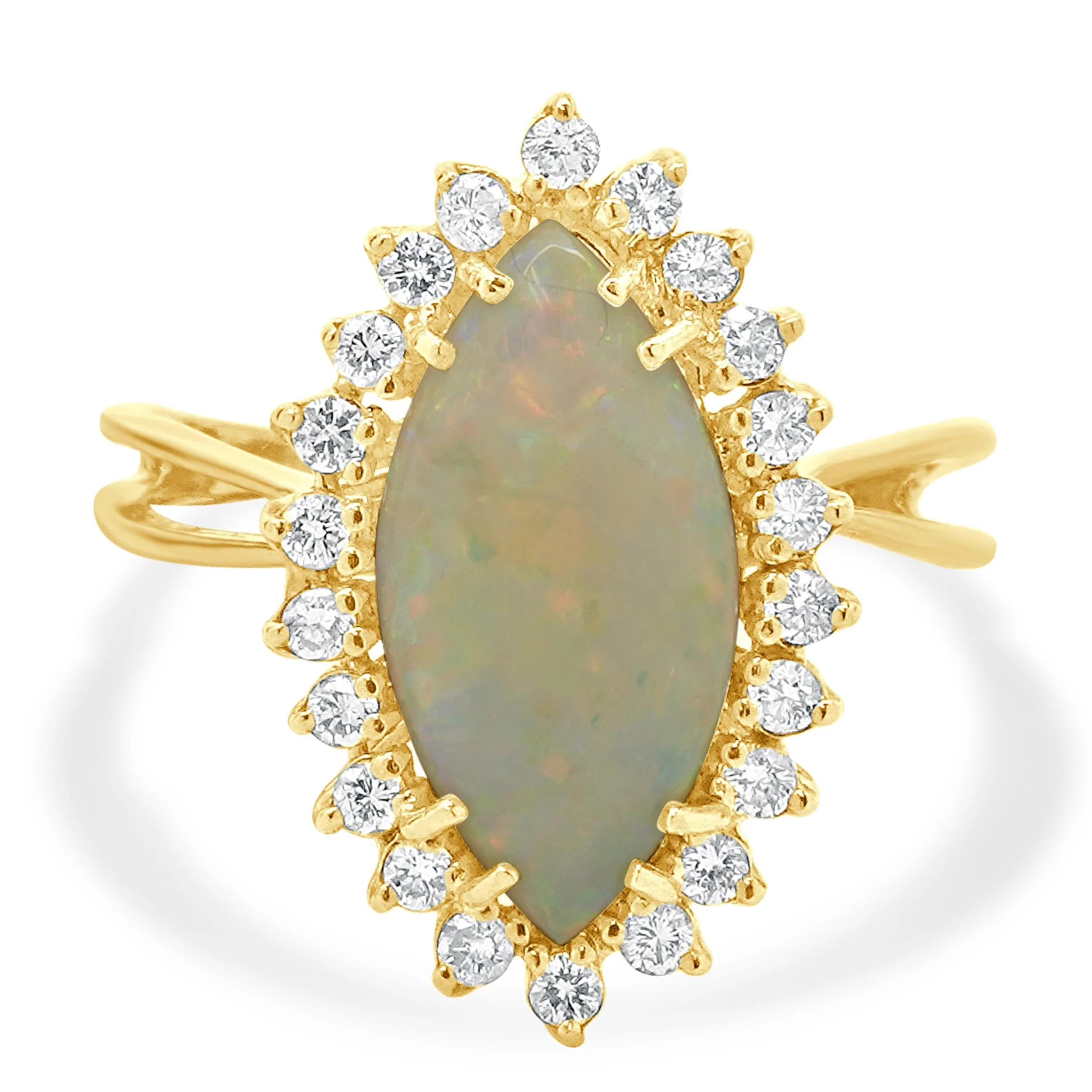 18 Karat Yellow Gold Opal and Diamond Marquise Style Ring