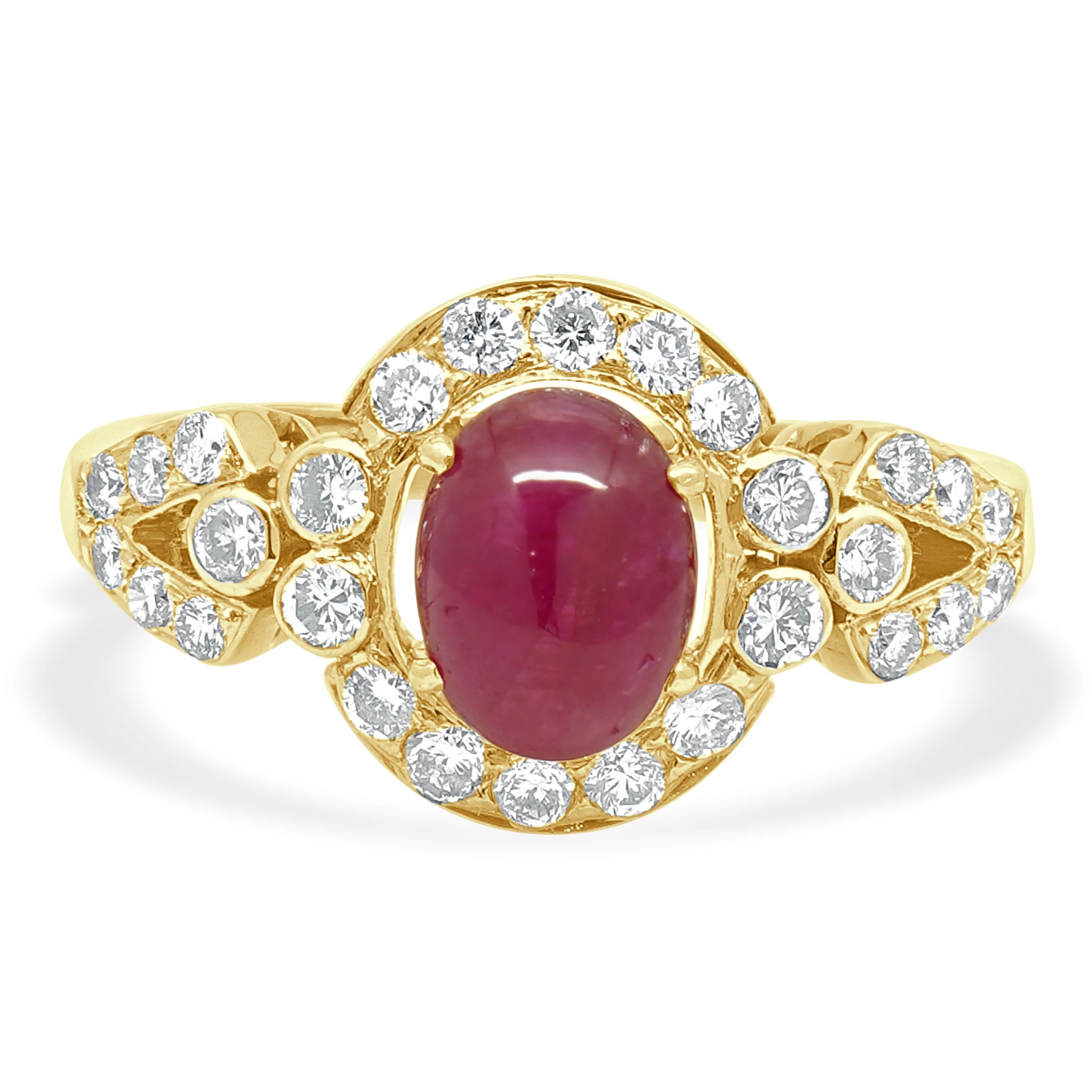 18 Karat Yellow Gold Oval Cabochon Cut Ruby and Round Diamond Halo Ring