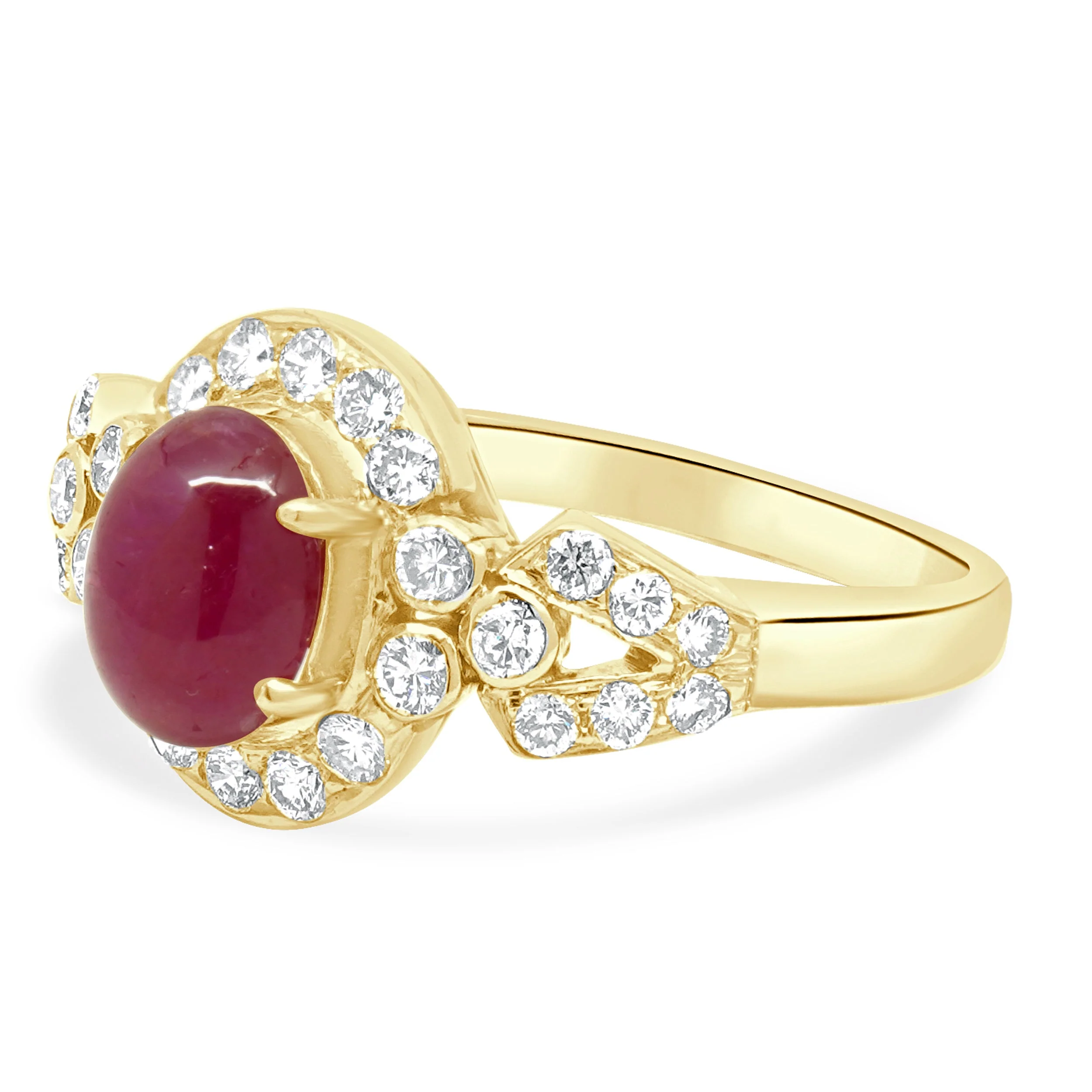 18 Karat Yellow Gold Oval Cabochon Cut Ruby and Round Diamond Halo Ring - Image 2