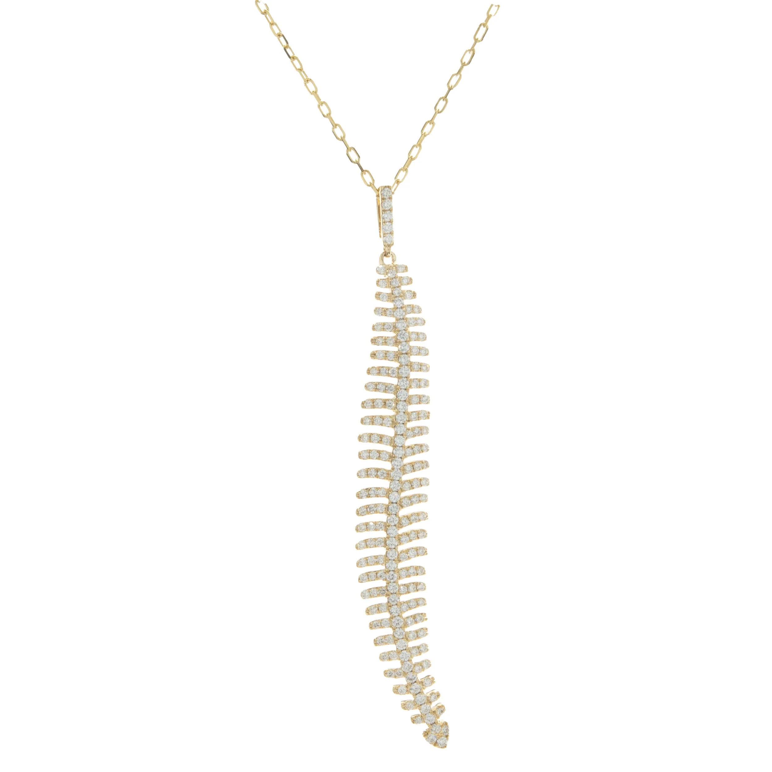 18 Karat Yellow Gold Pave Diamond Feather Drop Necklace