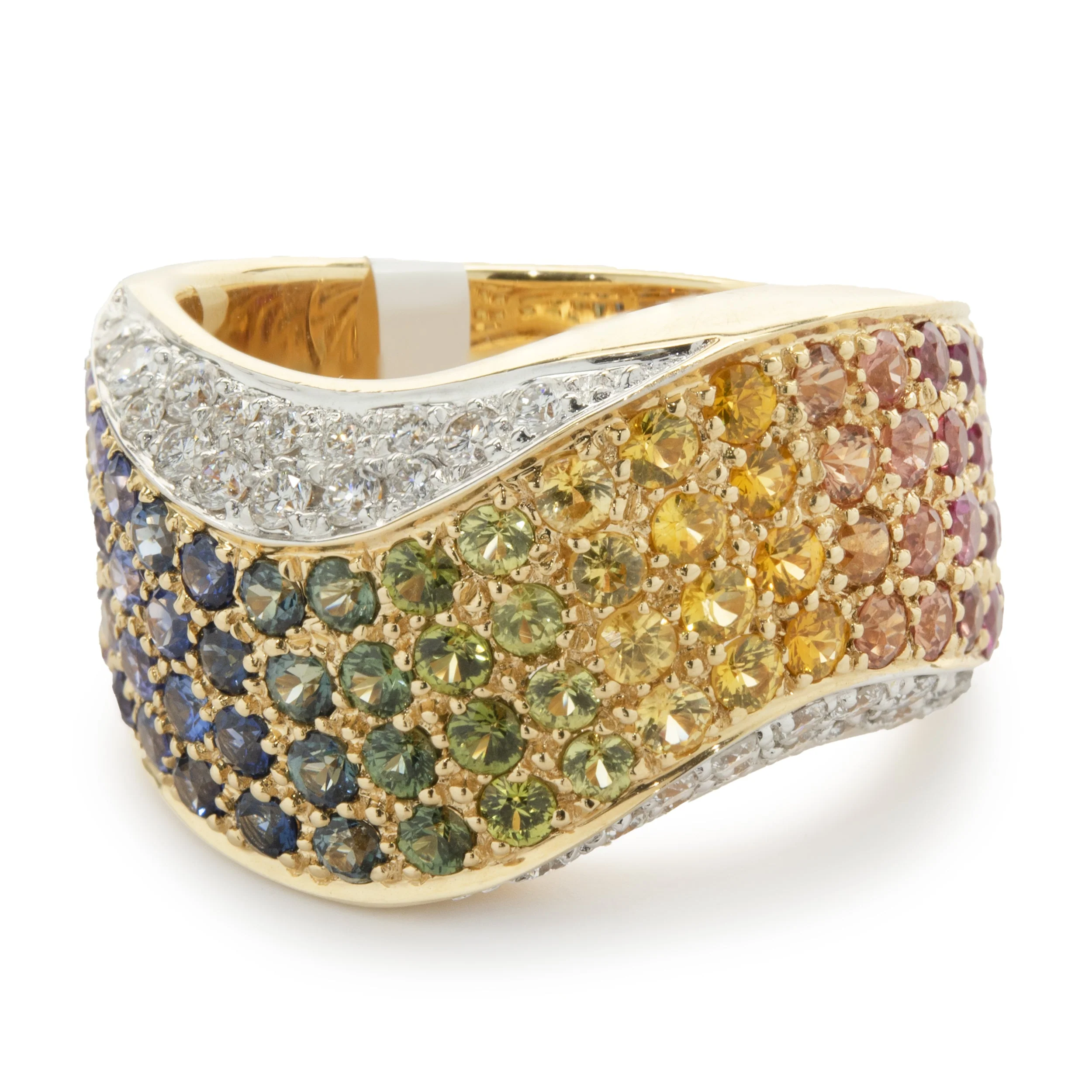 18 Karat Yellow Gold Pave Rainbow Sapphire and Diamond Wave Band