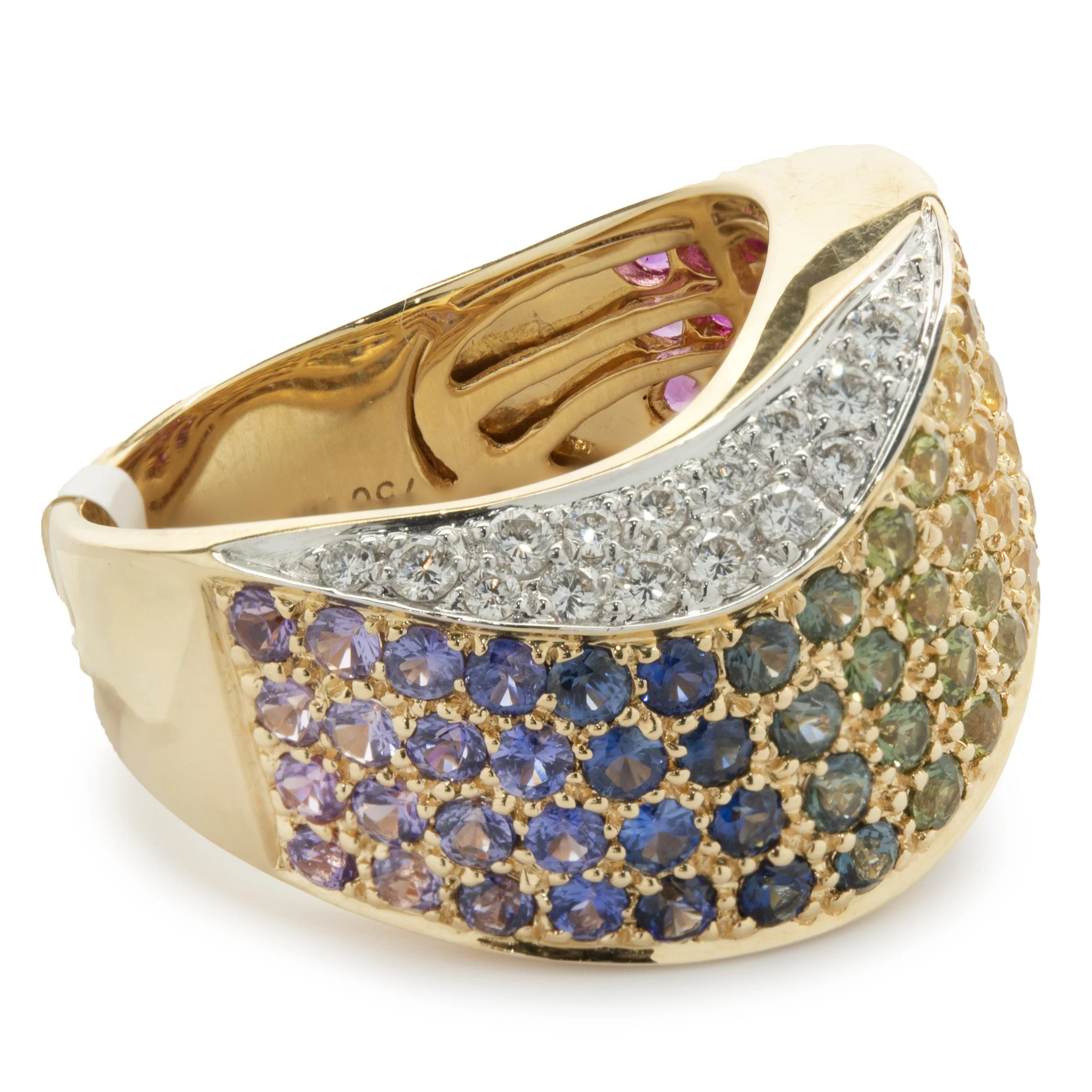 18 Karat Yellow Gold Pave Rainbow Sapphire and Diamond Wave Band - Image 3