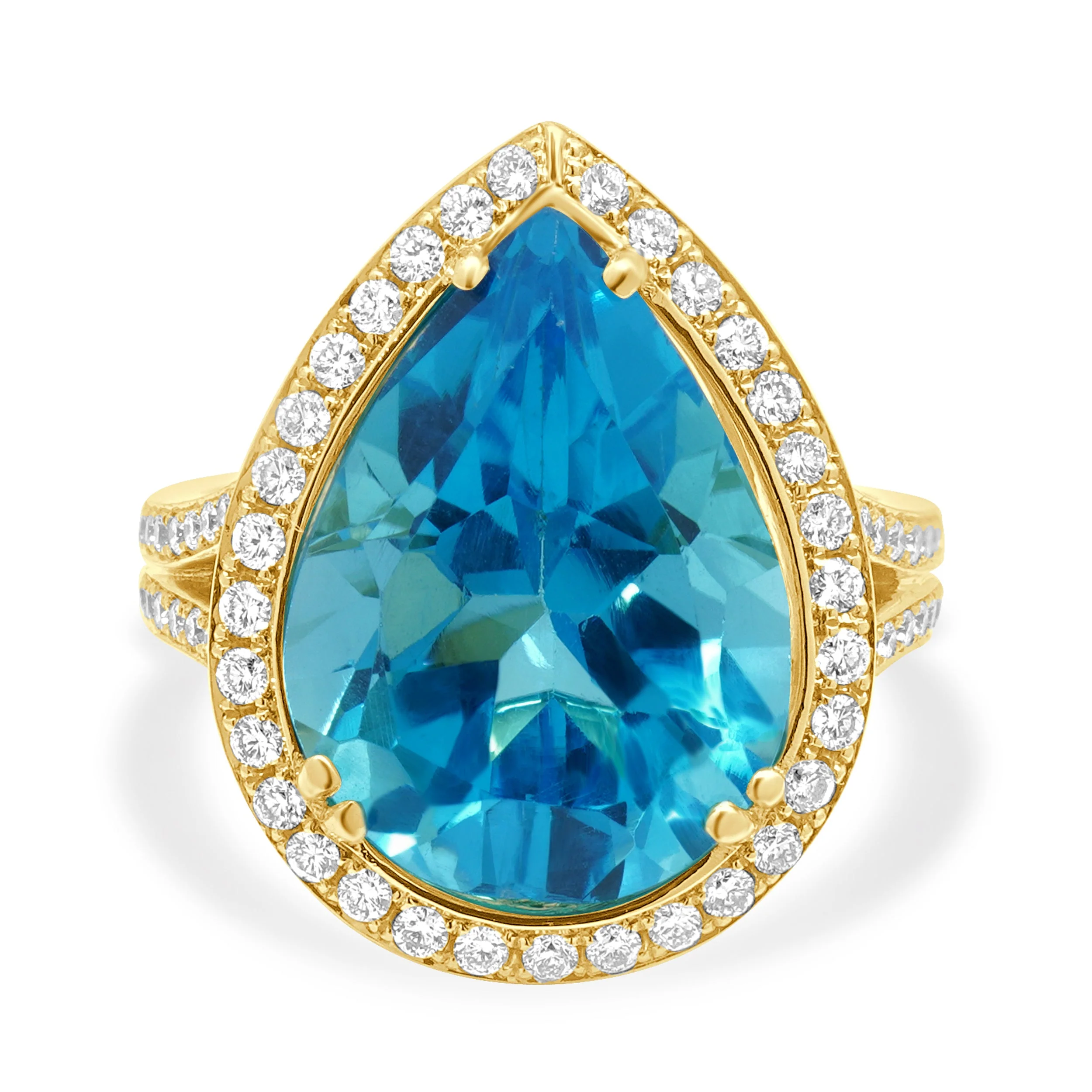 18 Karat Yellow Gold Pear-Shaped Blue Topaz and Round Diamond Halo Ring