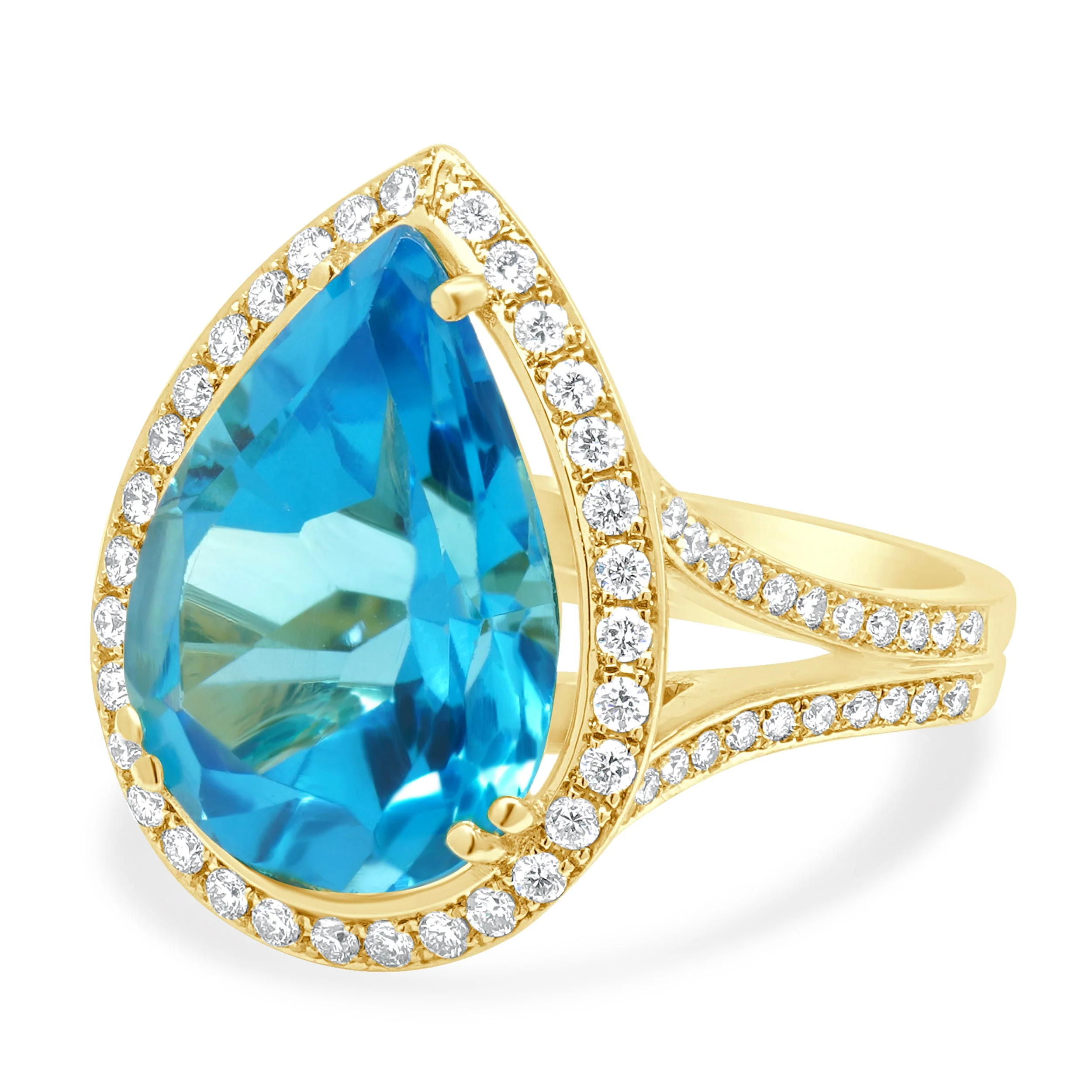 18 Karat Yellow Gold Pear-Shaped Blue Topaz and Round Diamond Halo Ring - Image 2